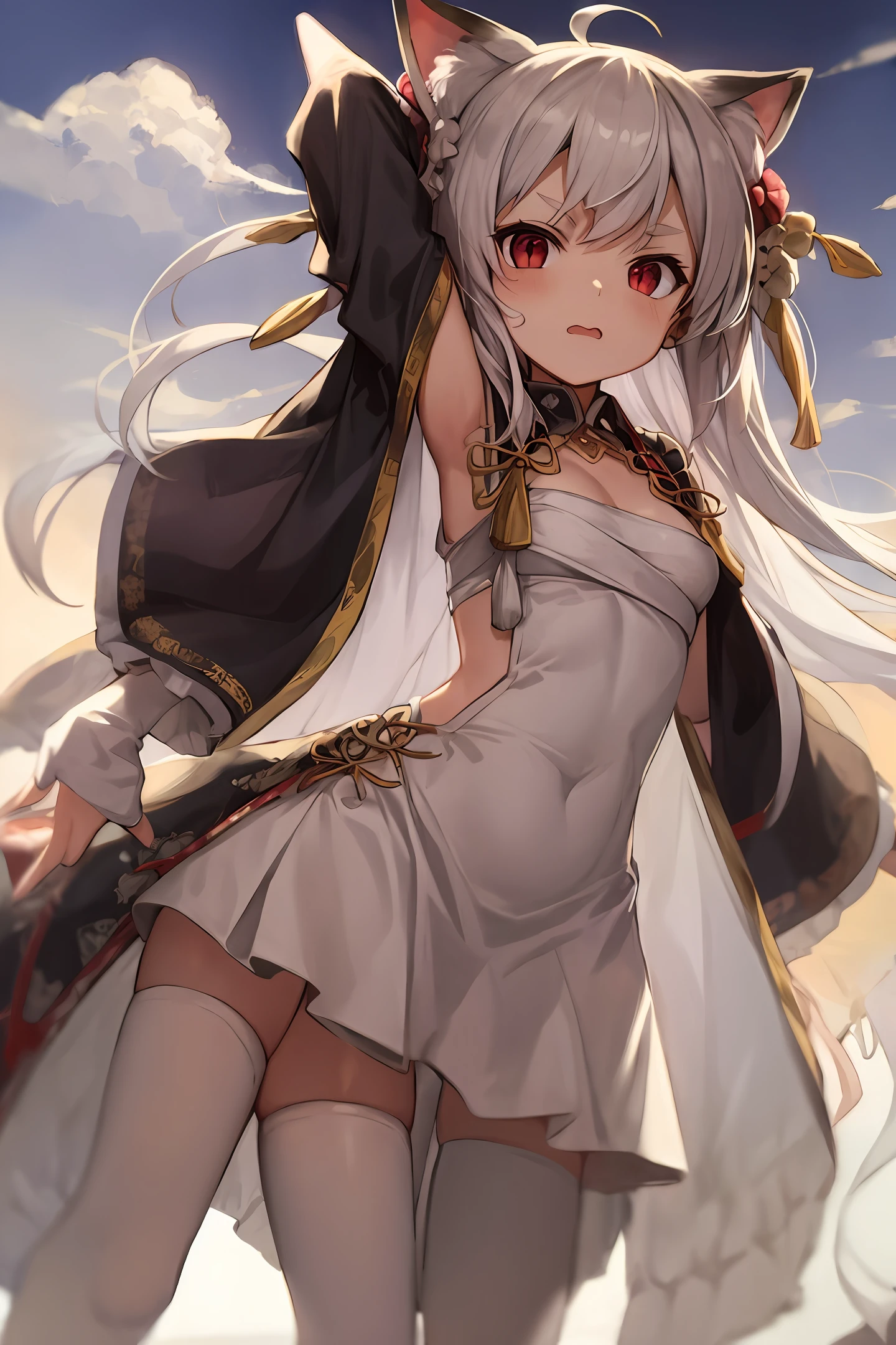 White hair, red eyes, flat breasts, little loli