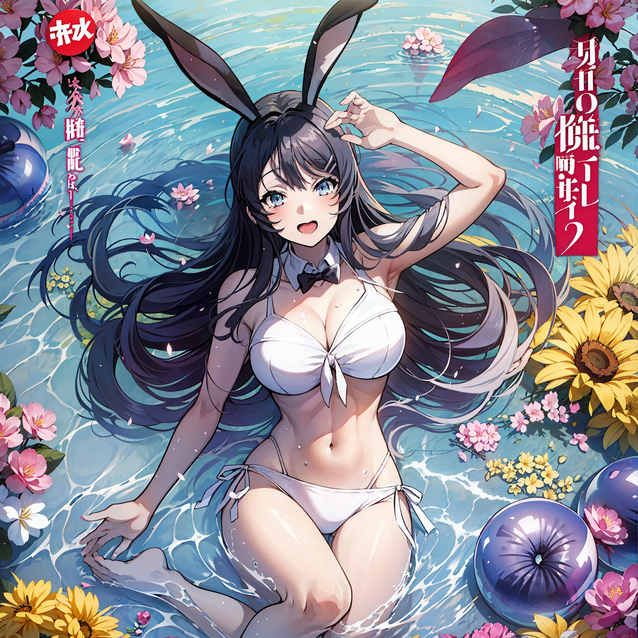sakurajima mai,Comic cover style，Comic title，highest  quality，Ocean park，having fun，Slim and healthy body，Sexy swimming costume，Fleshy thighs are cool，stocklings，Rabbit ears