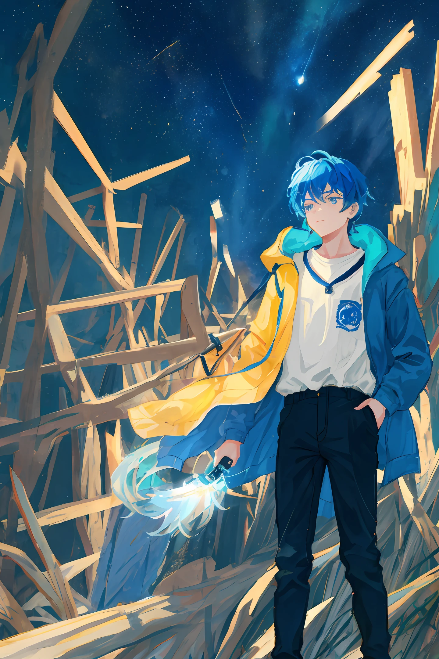 A teenager with a long knife，blue colors，beast ear