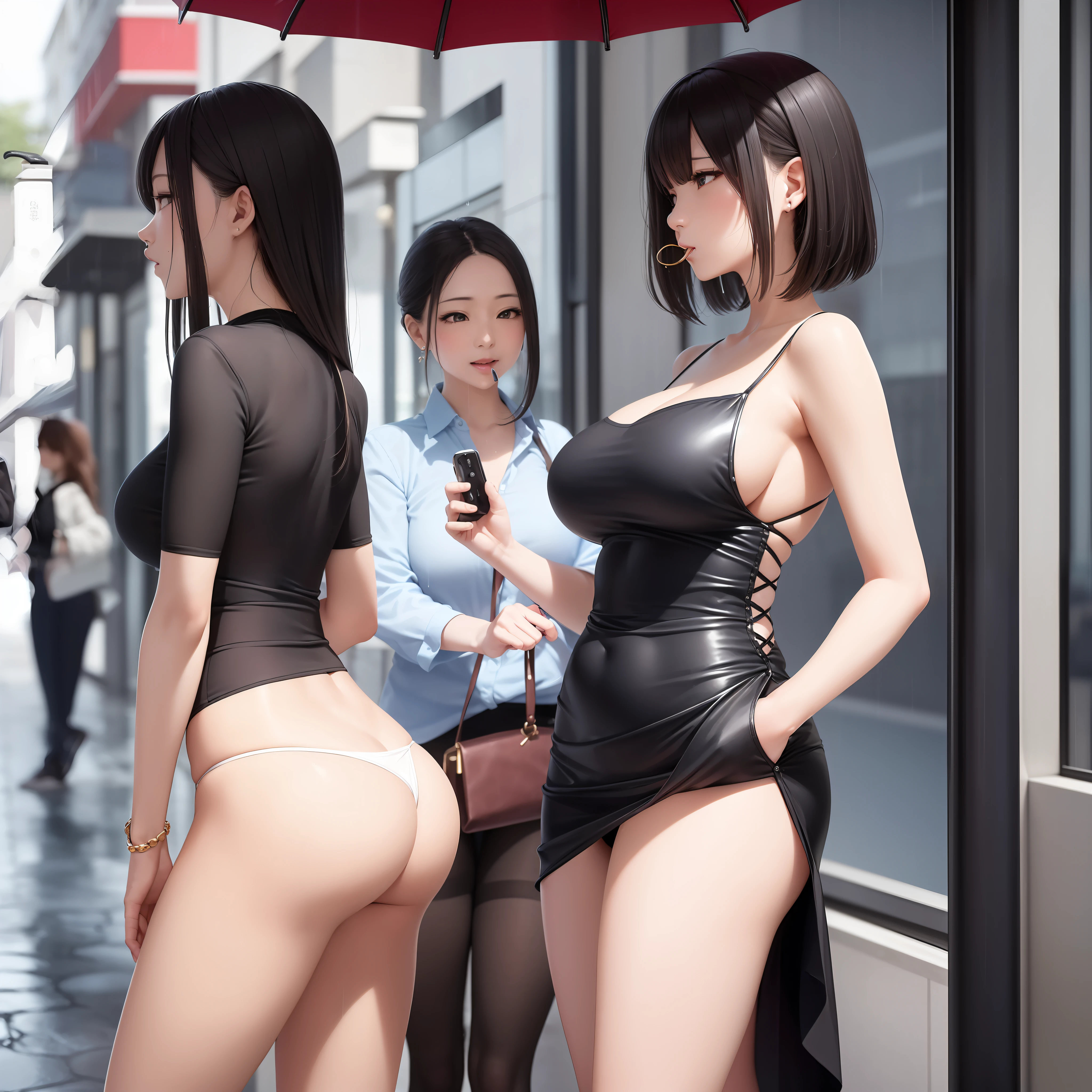 ((best qualtiy, 8k, tmasterpiece:1.3)), Focus:1.2, perfect figure beautiful woman:1.4, Cocked buttocks:1.2, ((Cut hair in layers, flatchest:1.2)), , (Rain, Street:1.3), Bandeau Dress:1.1, Highly detailed facial and skin texture, A detailed eye, 二重まぶた,Whiten skin,long whitr hair,(Keep one's mouth shut:1.3),full bodyesbian,huge tit,chineseidol --auto