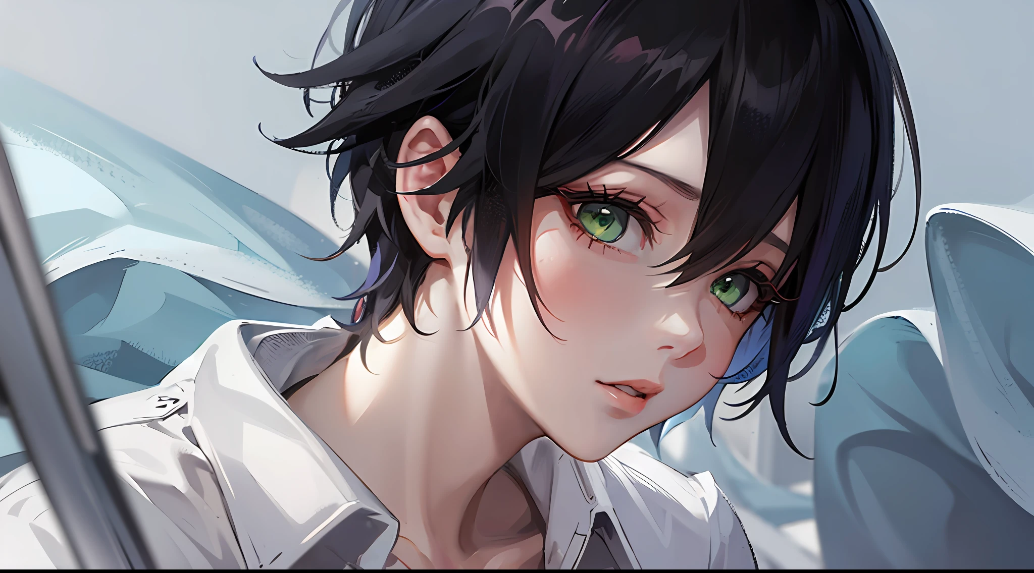 anime, male gender, short black hair with white strands on the fringe highlighting, reptilian green eyes, wearing a black blouse and a white shirt underneath --auto --s2