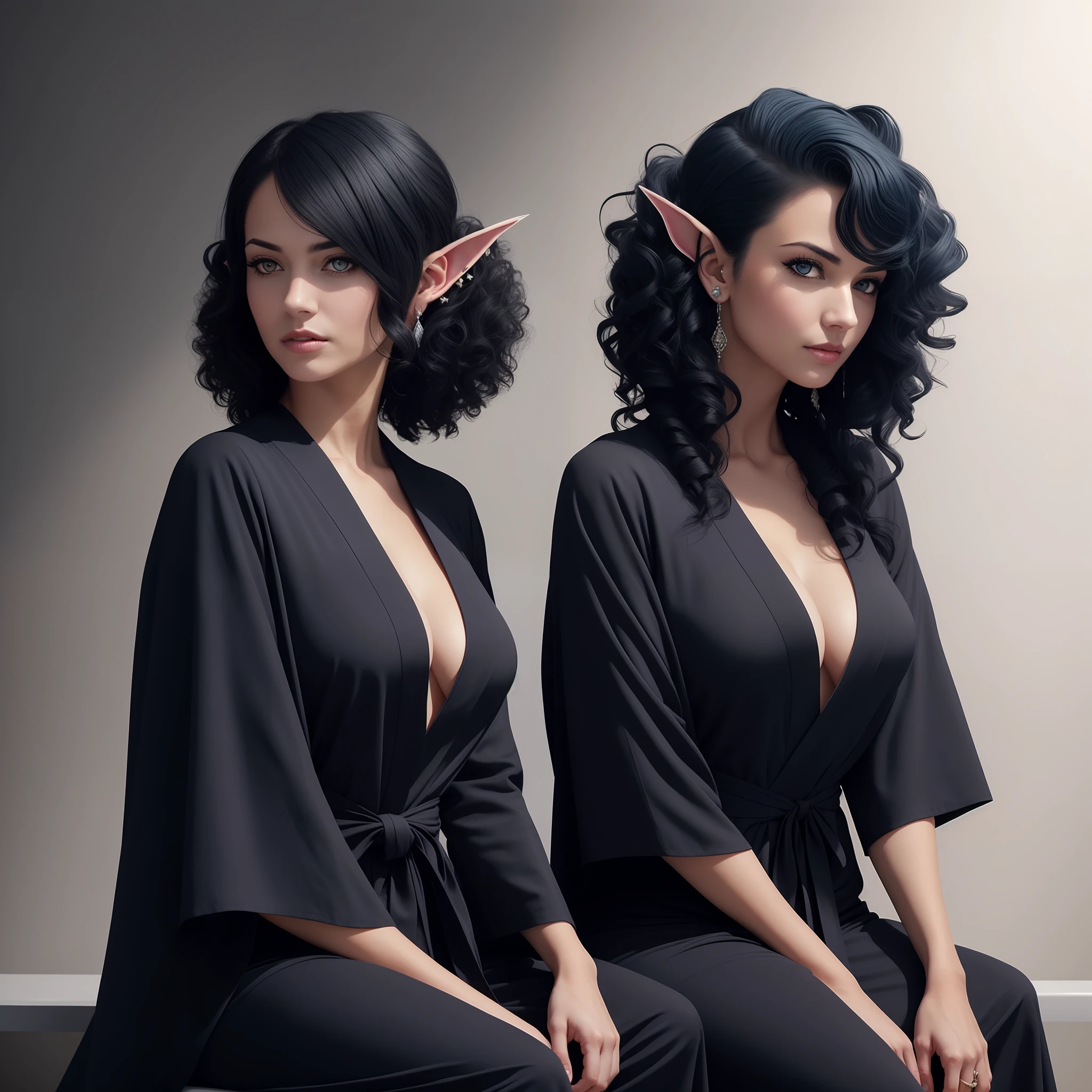 Two women, beautiful, perfect body, grey skin, scaly skin, long ears, pointed ears, blue curly hair, black eyes, dark eyes, blue irises, alien women, sitting on a bench, portrait pose, royal robes, regal, large breasts