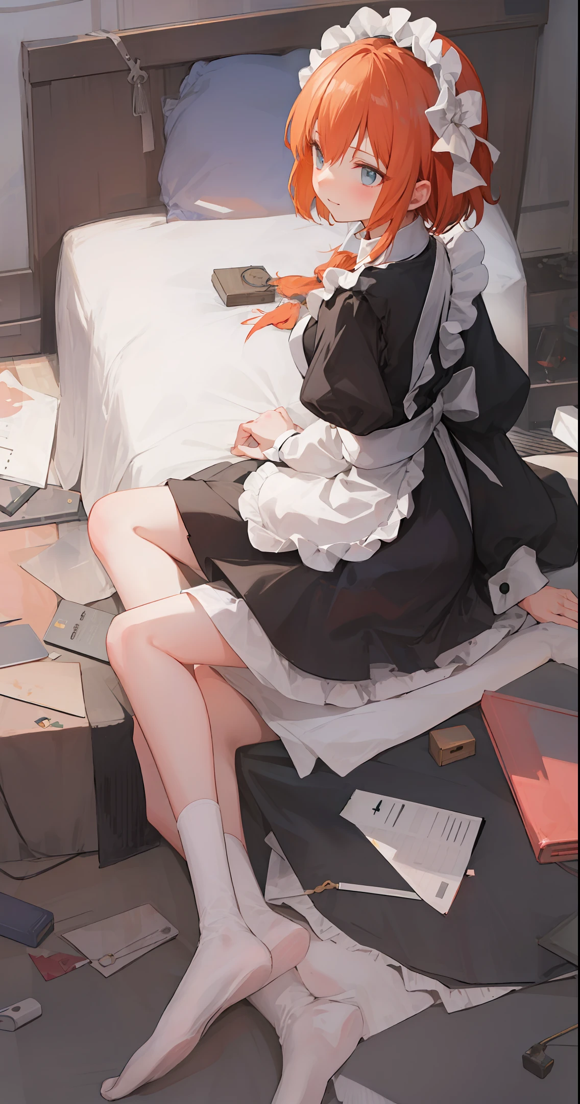 the maid outfit，Carrying a skirt，head looking up，shy，turning around