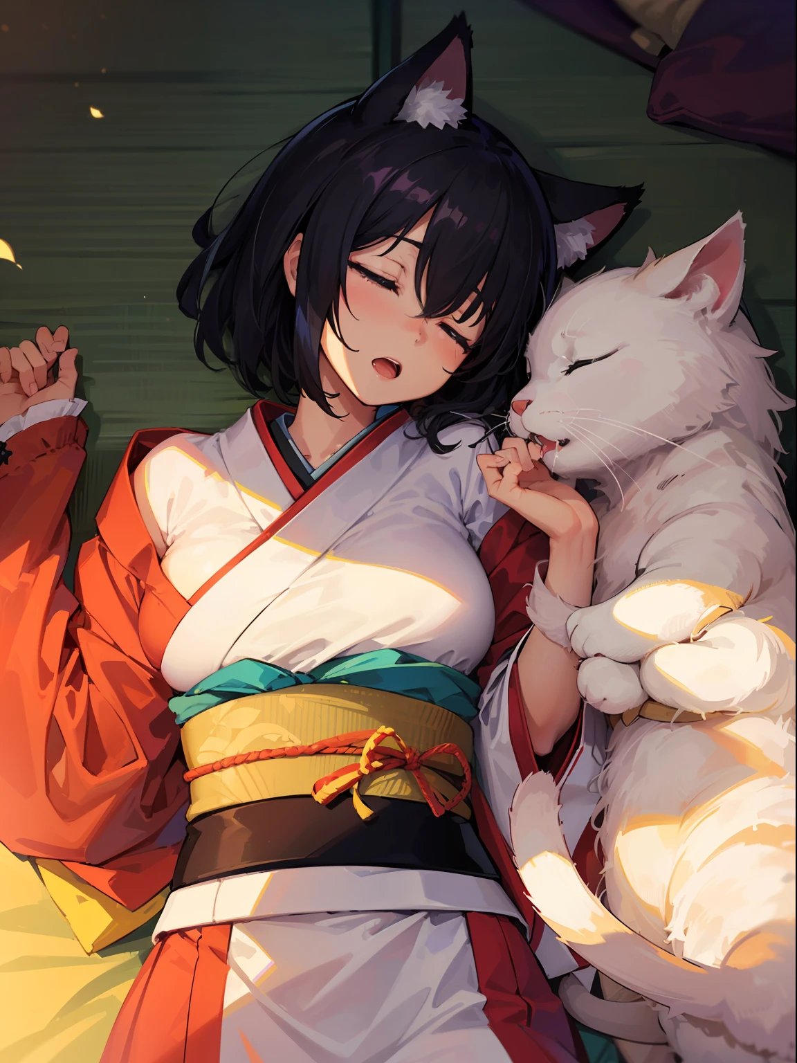 ((masutepiece)), ((Best Quality)), (Ultra-detailed), ((kawaii)), Cute, (lovely), ((Sexy)), (Ero), ((Extremely detailed)), 4K, (8K), Best Quality, (Beautiful), Illustration, Anime style, Painting, Dynamic Angle, Full body, Upper body, (Sleeping:1.5), look down from above, full body focus, sleeping on the tatami mats, Gradation, Japanese-style room, veranda, Summer, Cute s, 1girl in, Solo, Kimono, Beautiful black hair, Beautiful black eyes, ((Beautiful eyes)), White-skinned, Short hair, Cat ears, large full breasts, closed eye, Happy, open mouth, Saliva, sparkling effect, Lens Flare, butterfly, shiny-glistening, gleaming