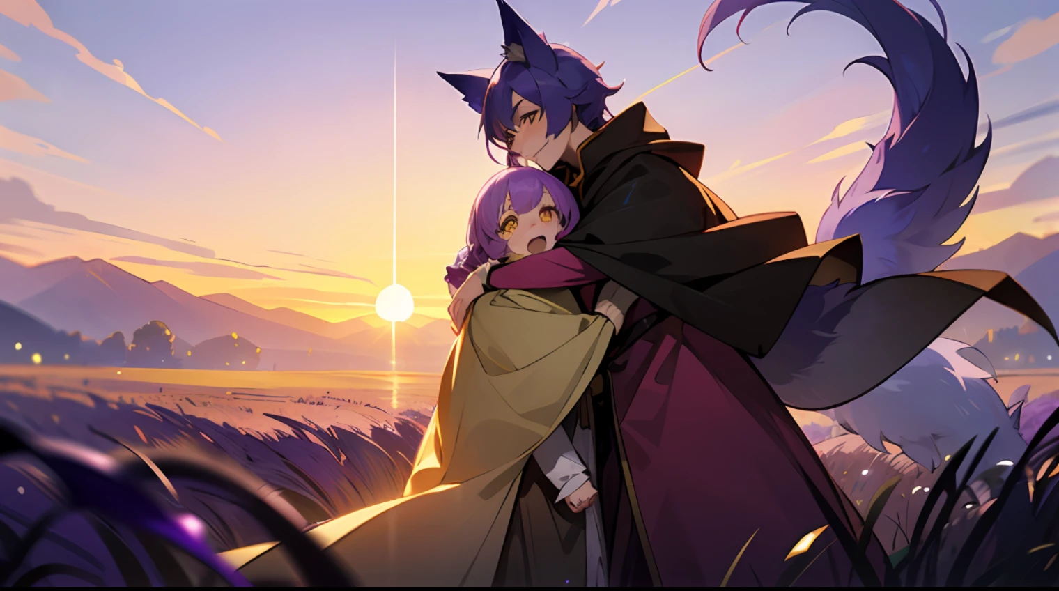 the setting sun, lavanda fields, hugs, Rolling peaks, Two people, a young man and a woman, Twist braids, large tail, Cloak, Battle damage, wolf ears, yellow eyes, purple hair, fang out, happy, wide shot, anime, masterpiece, best quality --auto