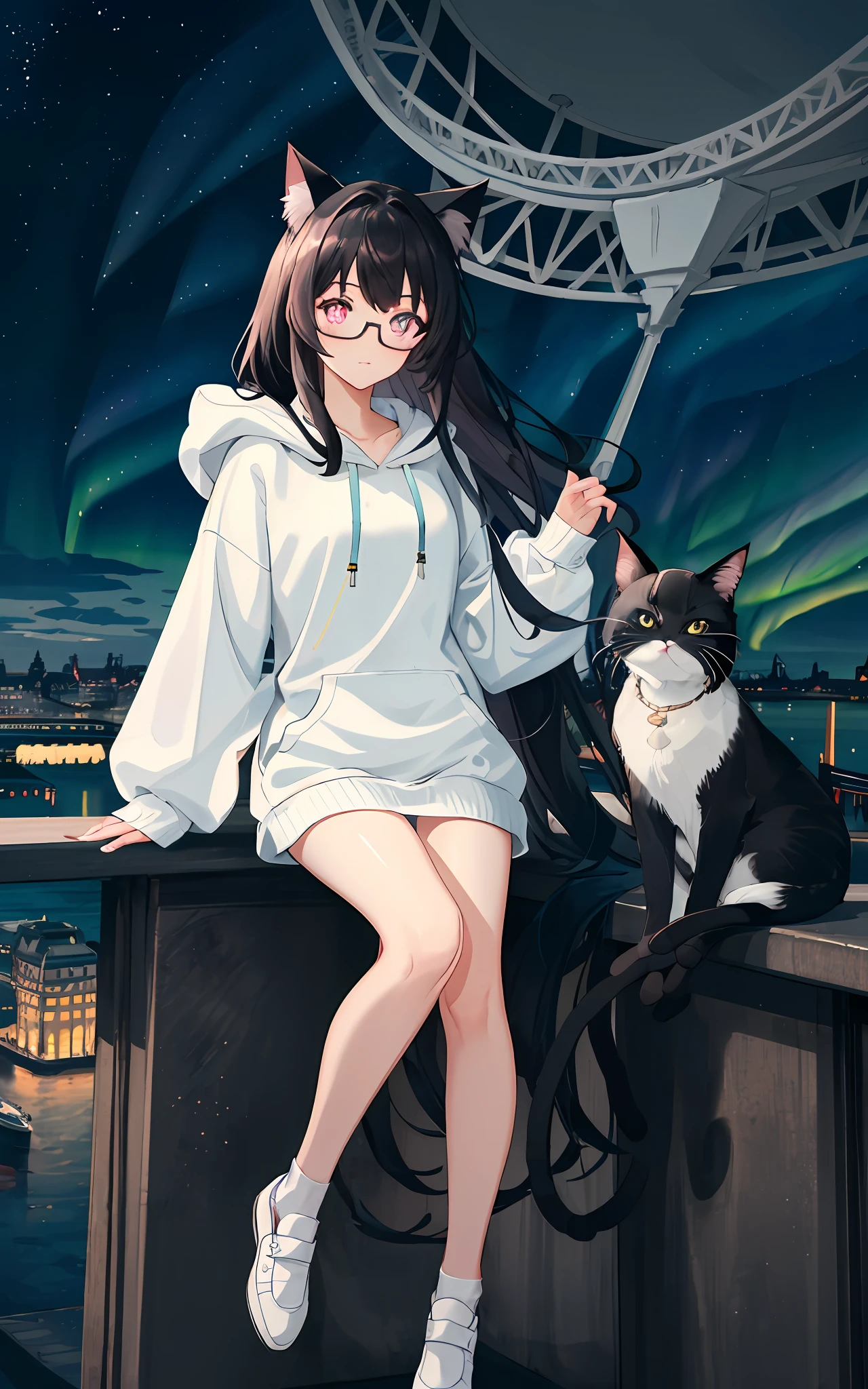 black long hair,grey cat ear, Black round frame glasses, Pupils in pink color,White hoodies, dark blue short dress, white stockings, Black and white canvas shoes,The starry sky and aurora stand under the London Eye