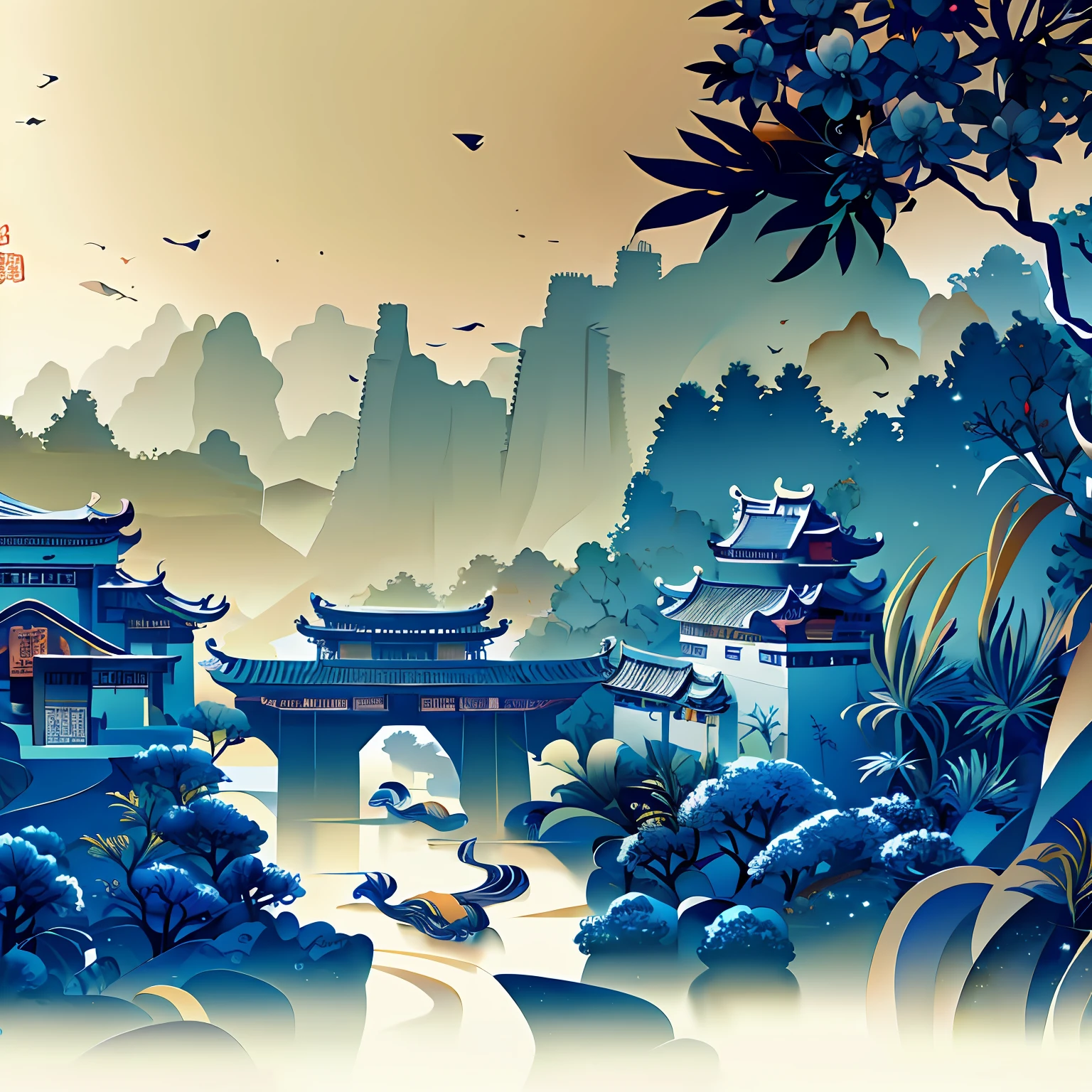 Chinese landscape, Fantastic Chinese minority Tujia town, artwork in style of sheng lam, Chinese village, author:Qu Leilei, landscape artwork, A beautiful artwork illustration, ancient china art style, author:Wang Yi, author:Sheng Maoye, Detailed scenery —width 672, oriental wallpaper, Chinese style painting