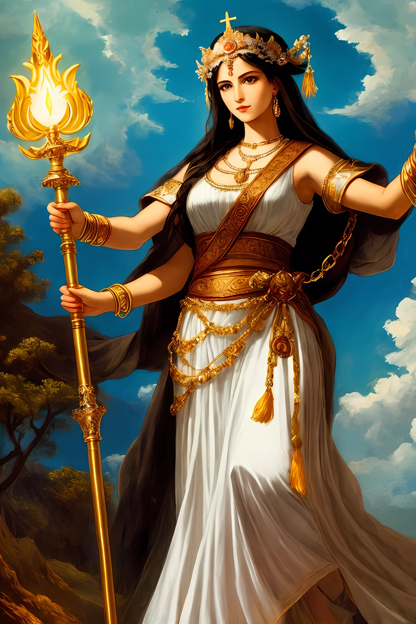 The mythological goddess conquers the world with a scepter in hand, white holiness, faith shines, gentle authority