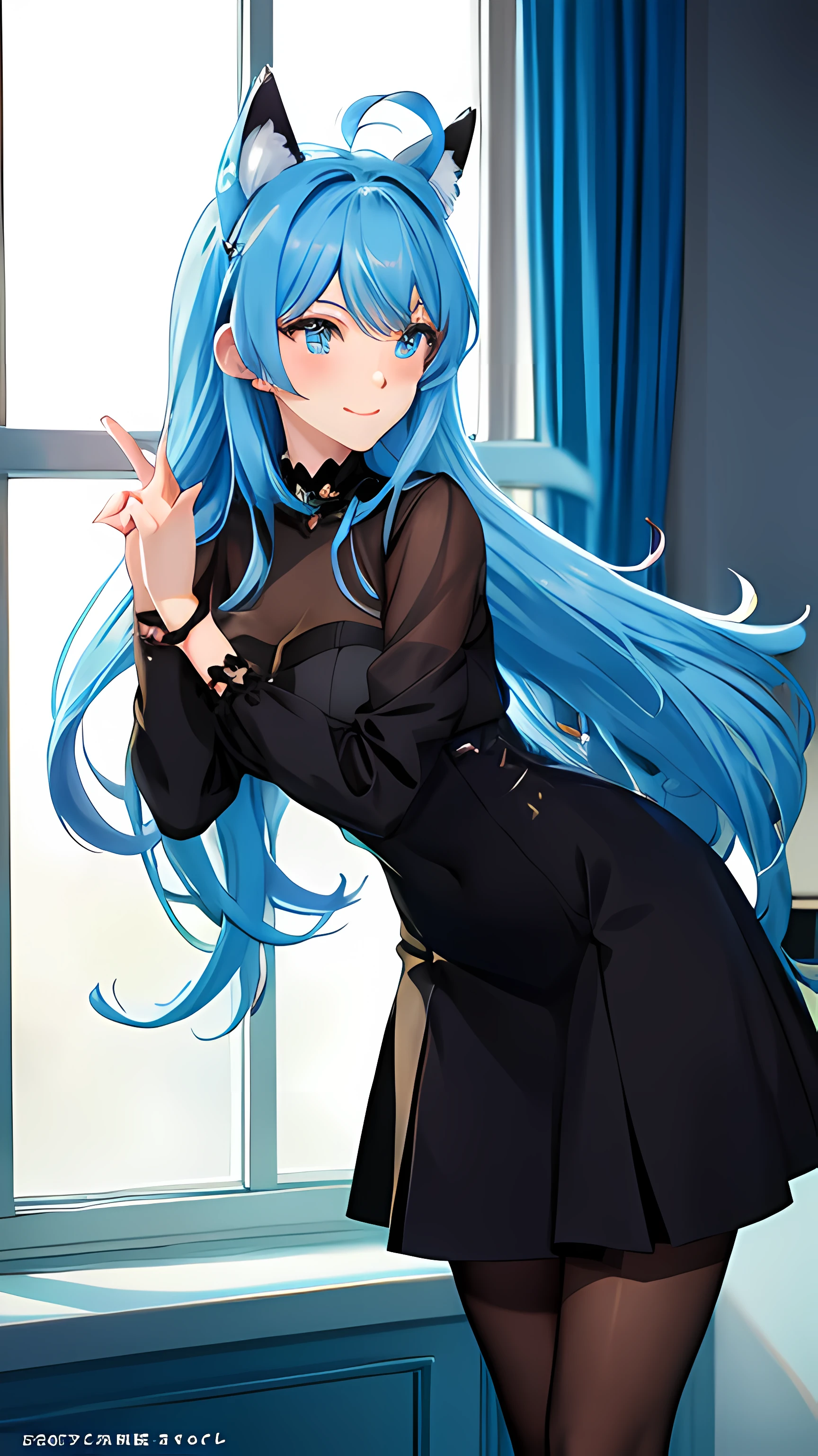 Fox role-playing，A woman in a black dress and stockings poses in front of a window，seductive anime girls，Cute anime Kaifu wears beautiful clothes，Lori is wearing a dress，beautiful and seductive anime woman，Fine details。Girl front，Anime girl wearing black dress，Anime moe art style，black in color，Marin Kitagawa fanart，[ 4 K digital art]！！