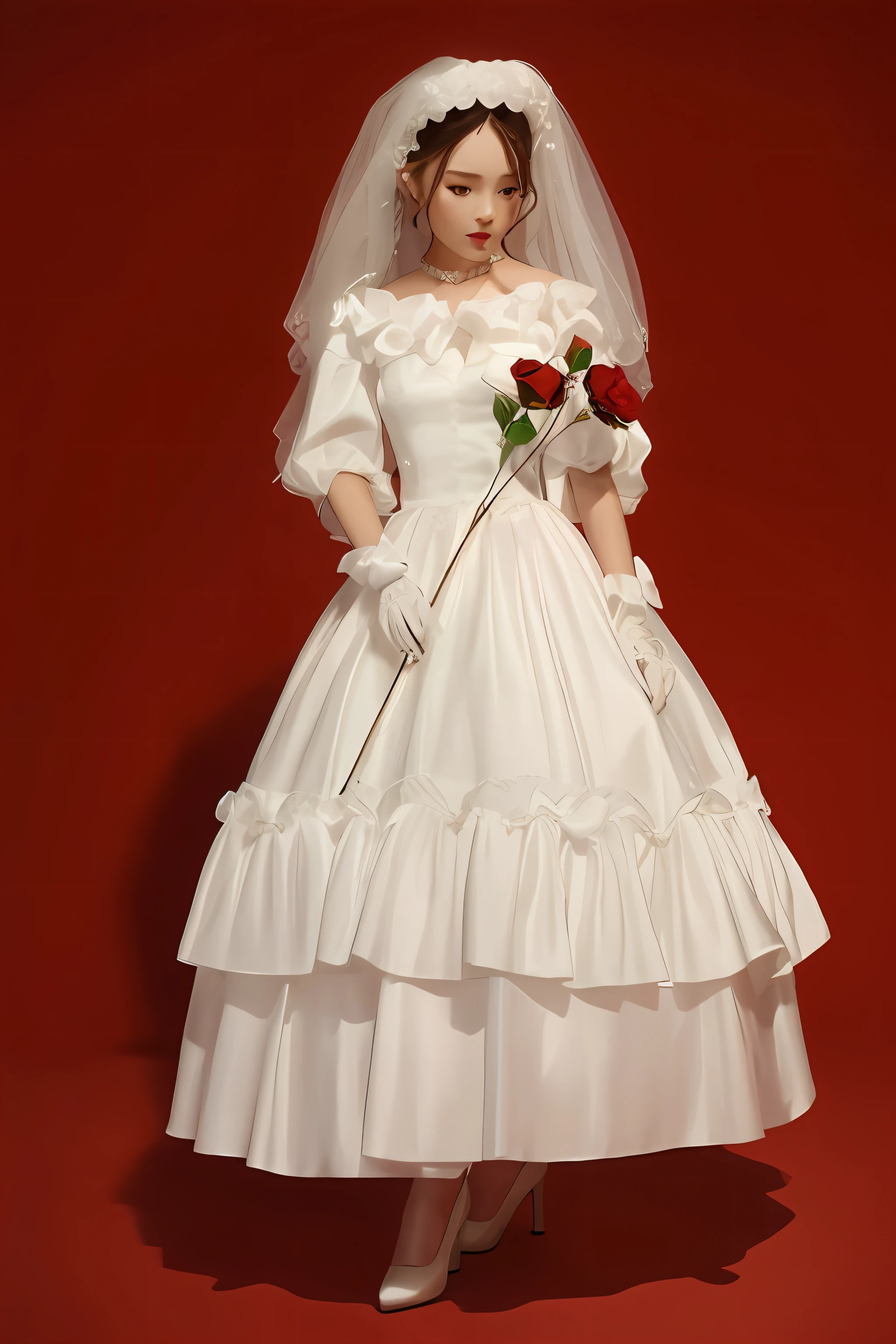 in wedding dresses，Arad woman holding a rose in her hand, guweiz masterpiece, anime barbie in white, Guviz, Bride, Wedding dress, Porcelain white skin, Loli, Porcelain holly Herndon statue, pale milky white porcelain skin, light yarn, white royal dress, victorian gothic lolita fashion, ball jointed doll, rei kawakubo artwork
