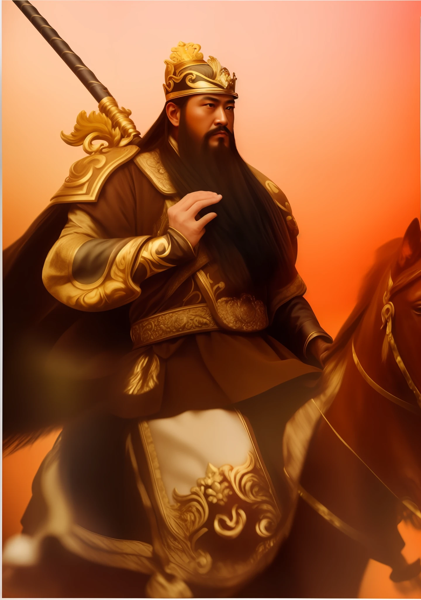 The whole body，including the crown of the head，All in the picture，（Green clothes，Fearless and intelligent face，（Colored skin），（waist long，Thick black beard）：1.2），（Clothes from the Three Kingdoms period：1.2），long trousers，（insanely details，blooms：1.5），（best qualtiy，photore，4K），（photore：1.2），（High- sharpness），（detailedpupils：1.1），（photore：1.1），detailed faces and eyes， tmasterpiece， top-quality， （high-definition photograph：1.1）， 8k， realisticlying， （Black hair color）， （pureerosface_v1：0.2）， Thin face，Wide and long face，sharp， Realiy， Real Shadow， （Chinese Castle Background： 1.2）， Guan Yu alone。