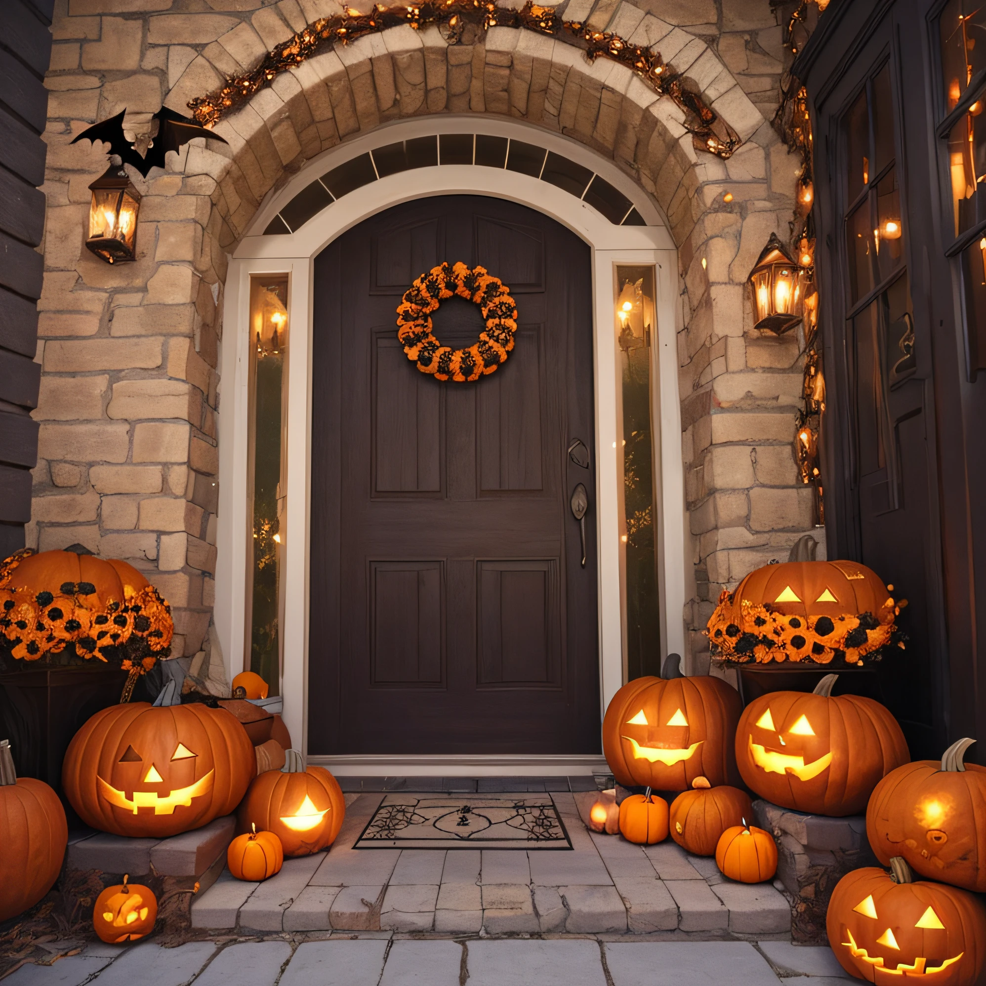 Entrance with Halloween decorations,Nordic House doorstep,pumpkins,arachne,There are bat decorations on the walls,spiderwebs,halloween atmosphere,Bat decoration,photorealestic,Photographic pictures,Vivid details,doorways,Top-down view,kanon --auto