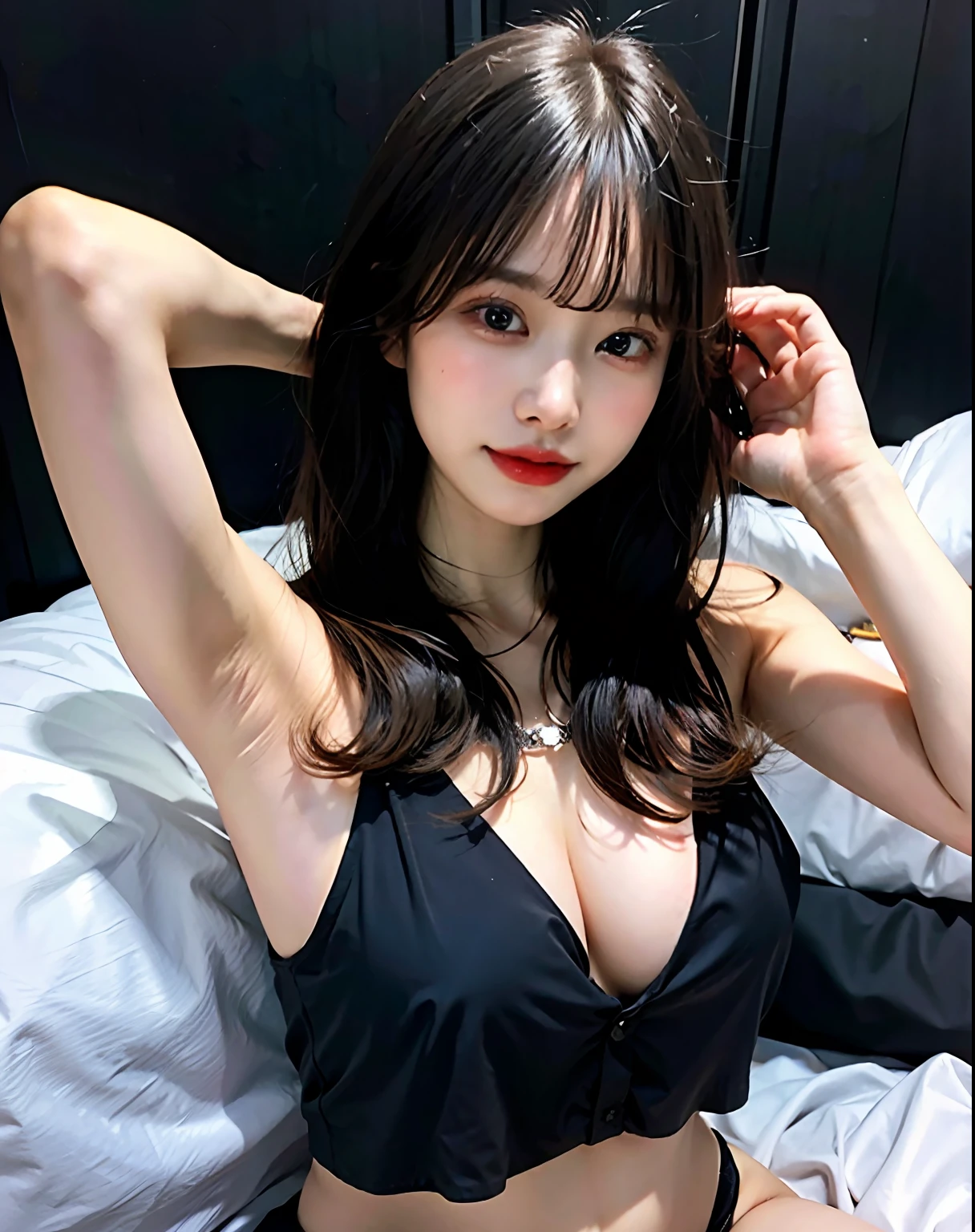 (masuter piece:1.4)、(beste-Qualit:1.4)、8K、hard disk、ultraclear、1人、(big chest out:1.2)、black-haired、(Heart-shaped pupil 1)、(Tongue out:1.2)、Bijo:1.3、(weeping:1.3)、Raise your hand(So much so that you can see your armpits.)、Thick_thighs thighs thighs thighs, SUI_perspiring ,(Sleep in bed、open one's legs:1.2)、teats、Transparent underwear