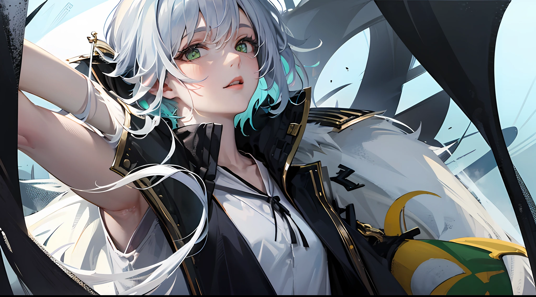 anime, male gender, short black hair with white strands on the fringe highlighting, reptilian green eyes, wearing a black blouse and a white shirt underneath --auto --s2