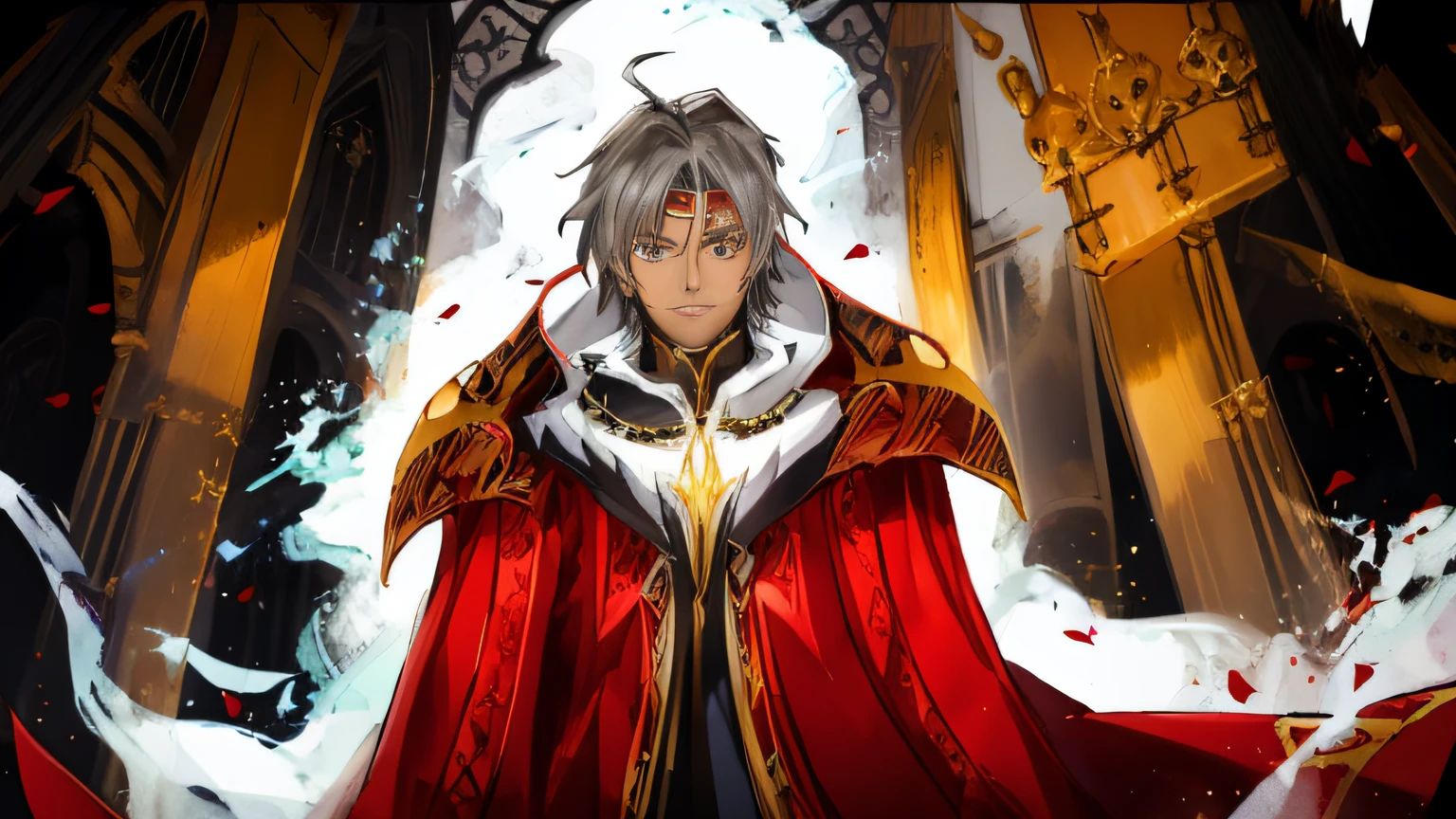 Mage in gorgeous red robes，with brown skin，Gray hair，