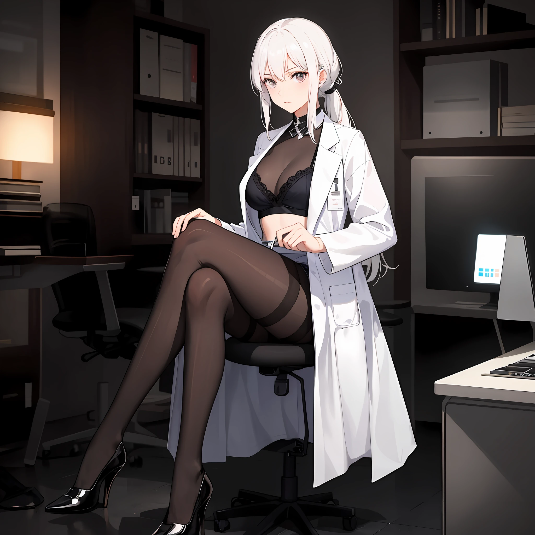 White hair,Long hair, Draped hair, no ponytail girls, White lab coat, Coat, A cup, head-up to the camera, Facing the camera, In a dark room,The girl sat in a black office chair, with her hands folded on her chest, revealing her legs in black silk, He wears black high heels on his feet,No facial expressions, and her left foot on her right foot,There is a bunch of flashing displays behind the girl,The display is on a black desk,