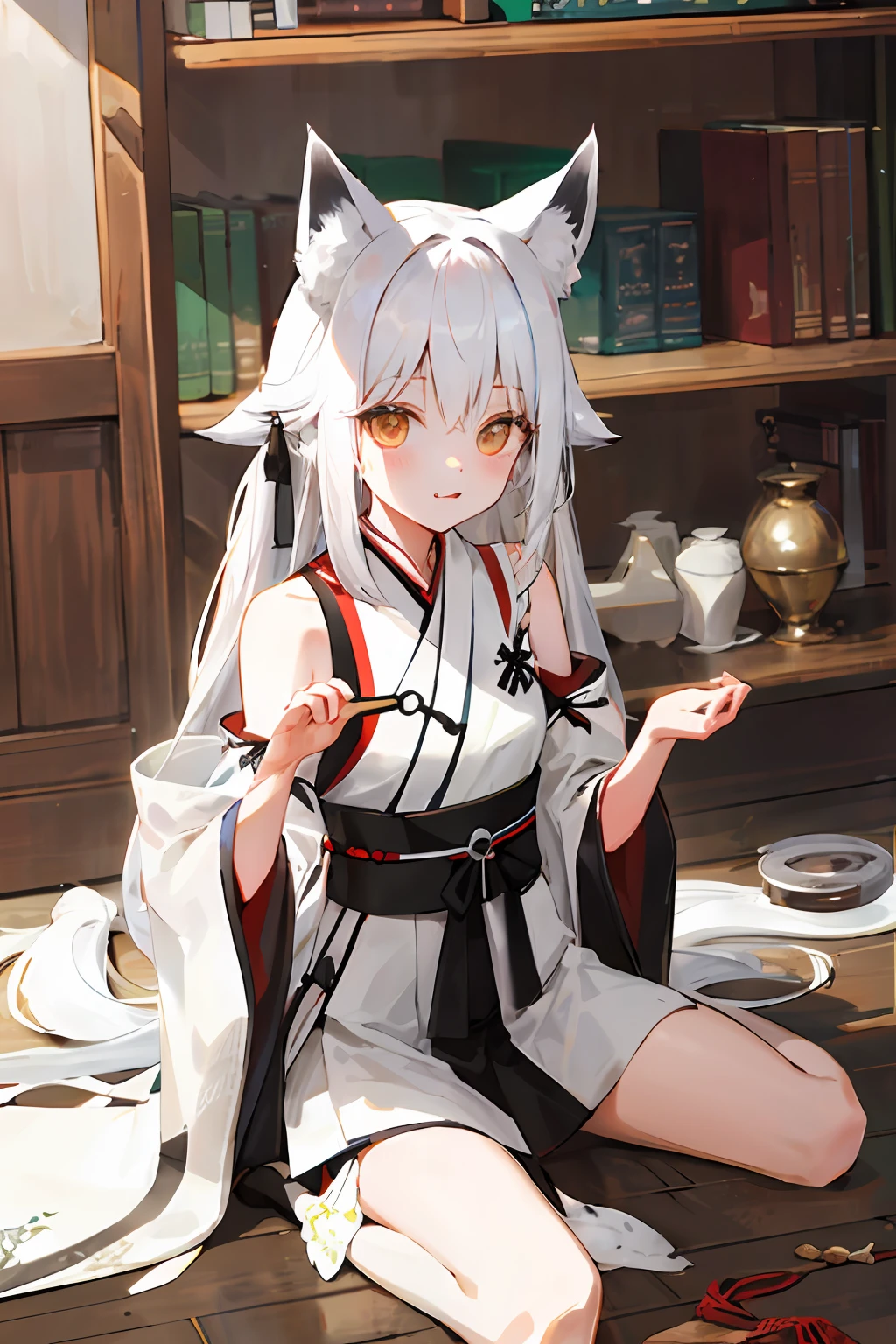 White hair,Cat ears,