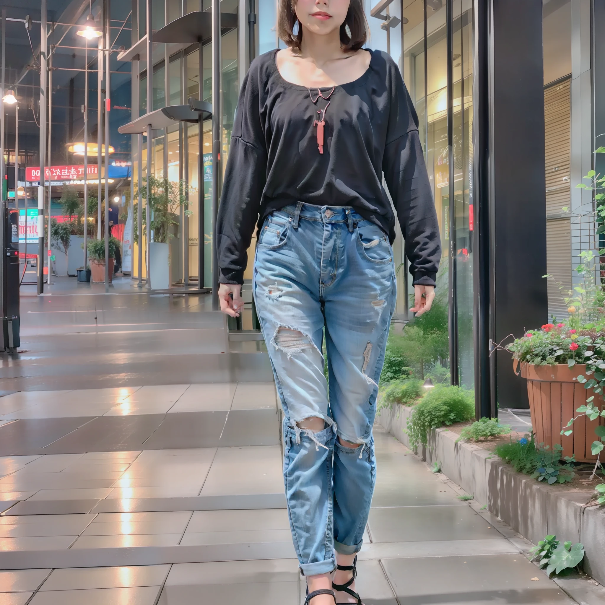 Short hair shawl,Woman in T-shirt and jeans,Take a walk on a midsummer night,