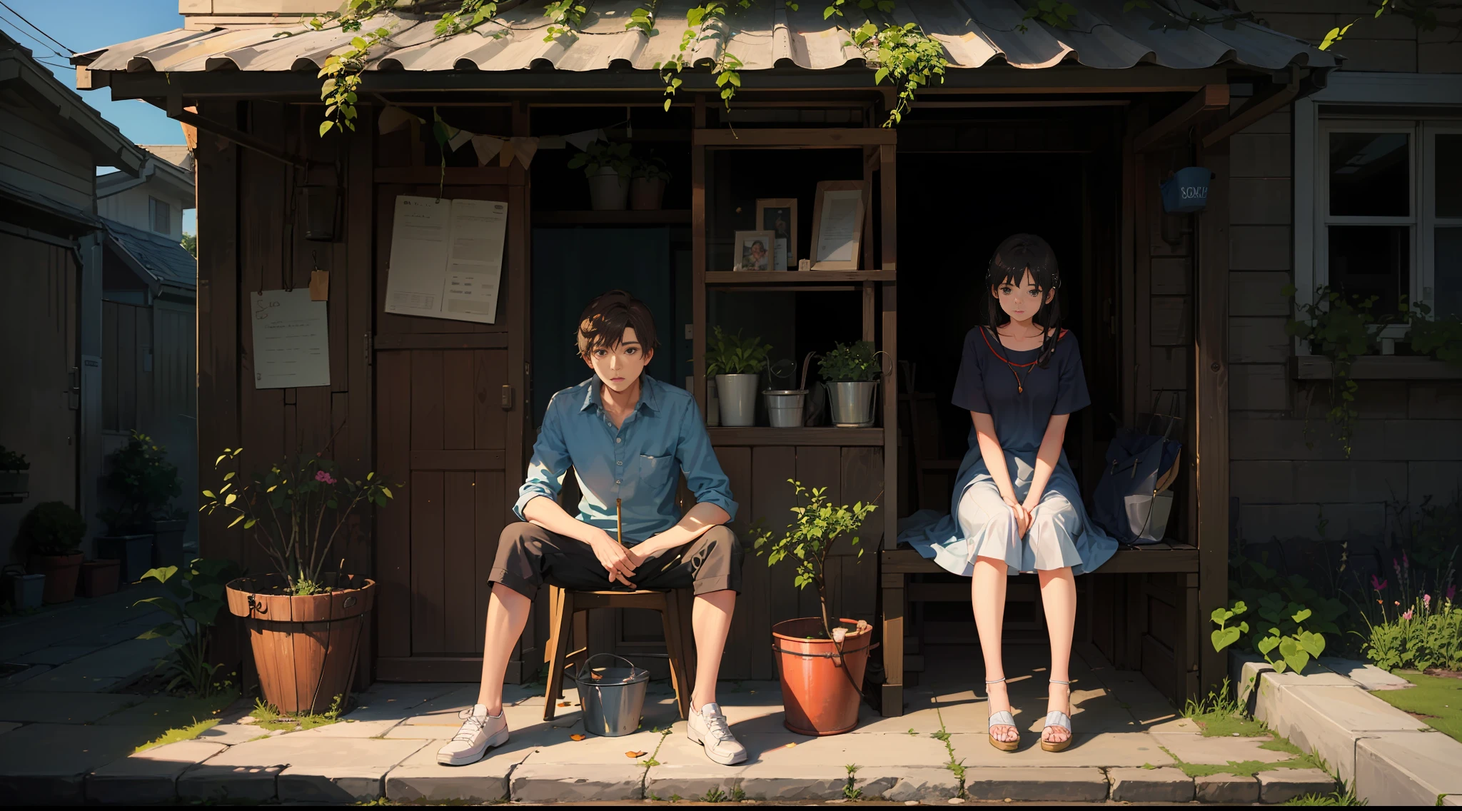 The boy watered the tree with a bucket;The girl sat on the side