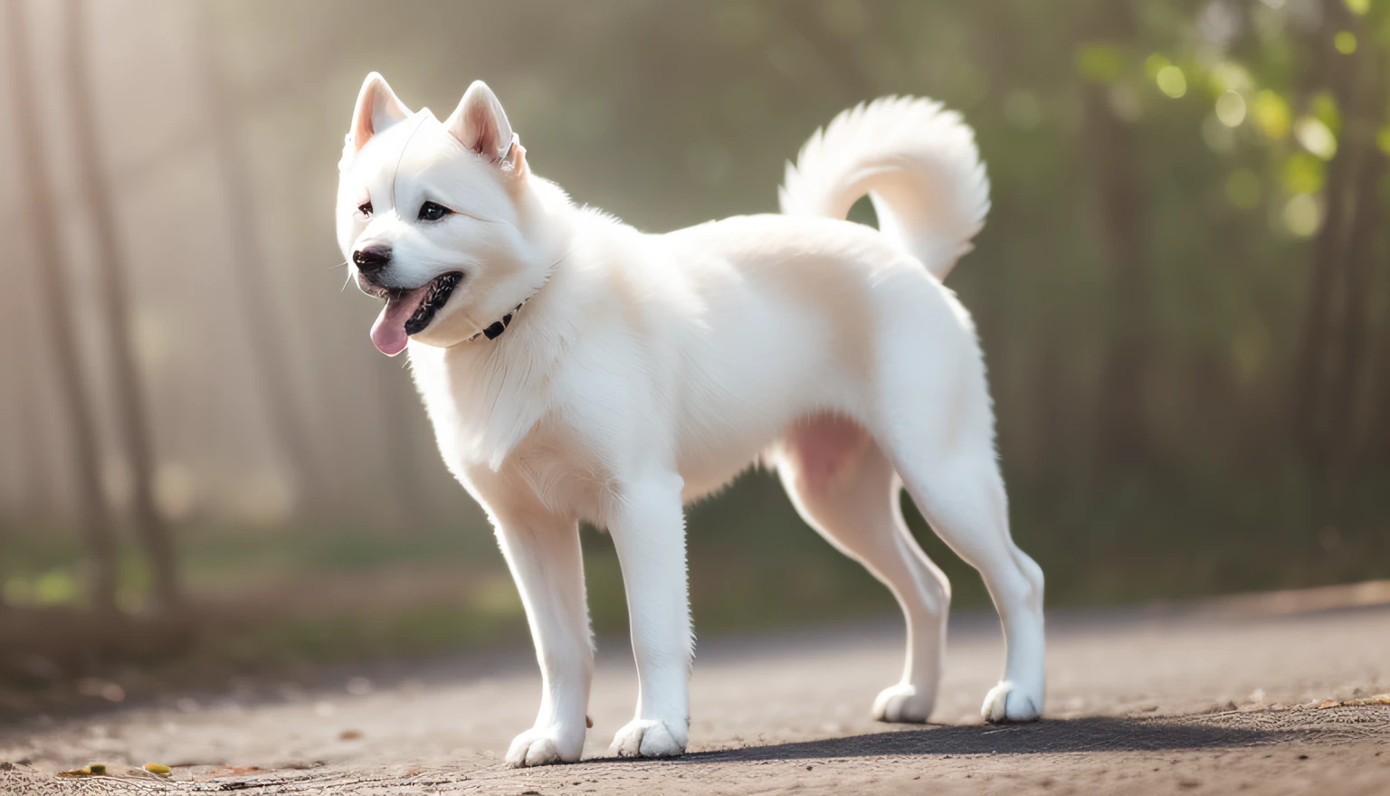 a whole white akita dog (((Solo))) , Looking Forward, well detailed watercolor background, Sharp Focus, very detailed tail, Details, Rich colors, High contrast, Perfect Light and Shadow, special film effects, Ray tracing, Tindall Effect, high definition quality, Detailed description, Fine texture, intricated details, --s100