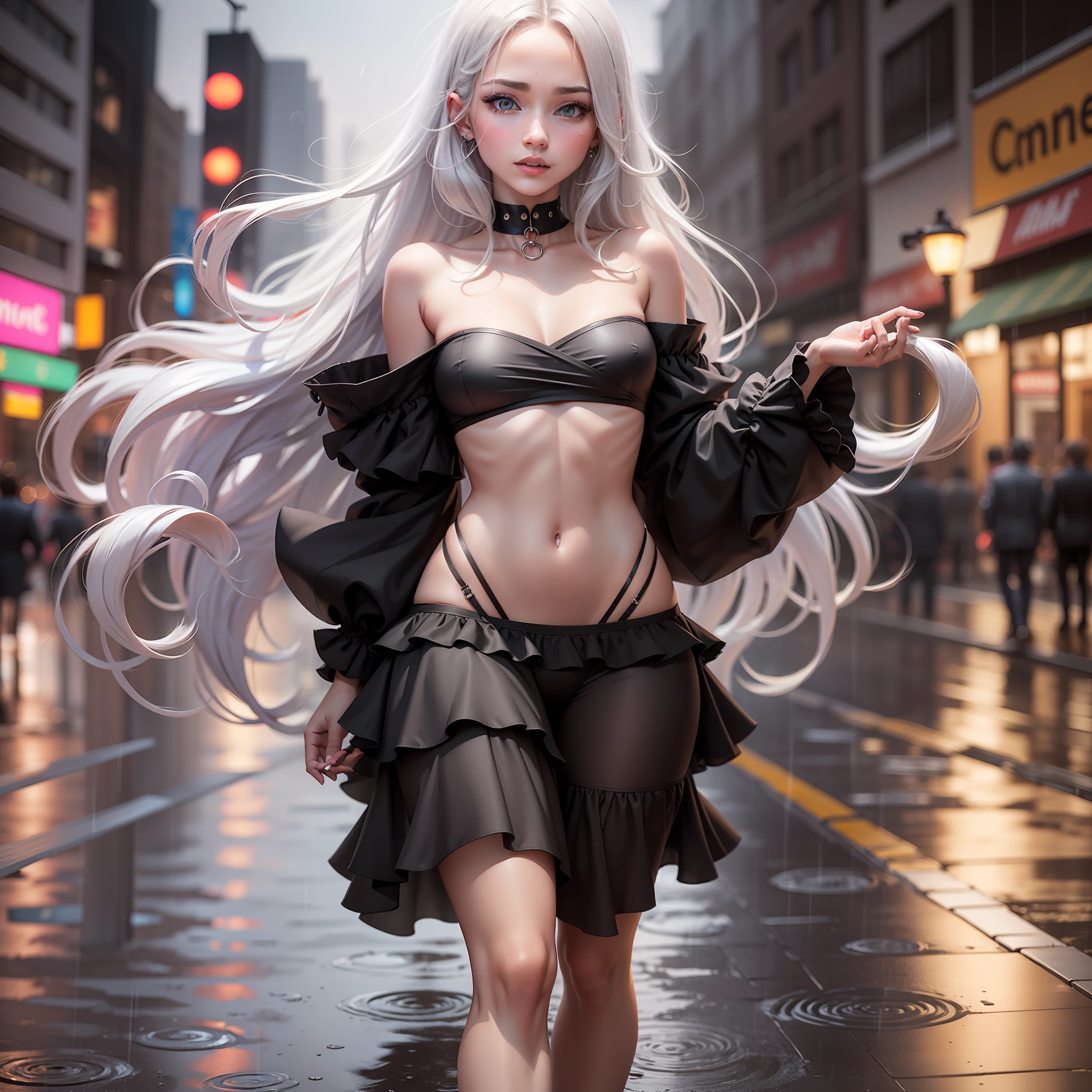 ((Best Quality, 8k, Masterpiece: 1.3)), Focus: 1.2, Perfect Body Beauty: 1.4, Buttocks: 1.2, ((Layered Haircut, Flat Chest: 1.2)), (Rain, Street:1.3), Bandeau Dress: 1.1, Highly Detailed Face and Skin Texture, Fine Eyes, Double Eyelids, Whitened Skin, Long Hair, (Shut Up: 1.3), Full Body