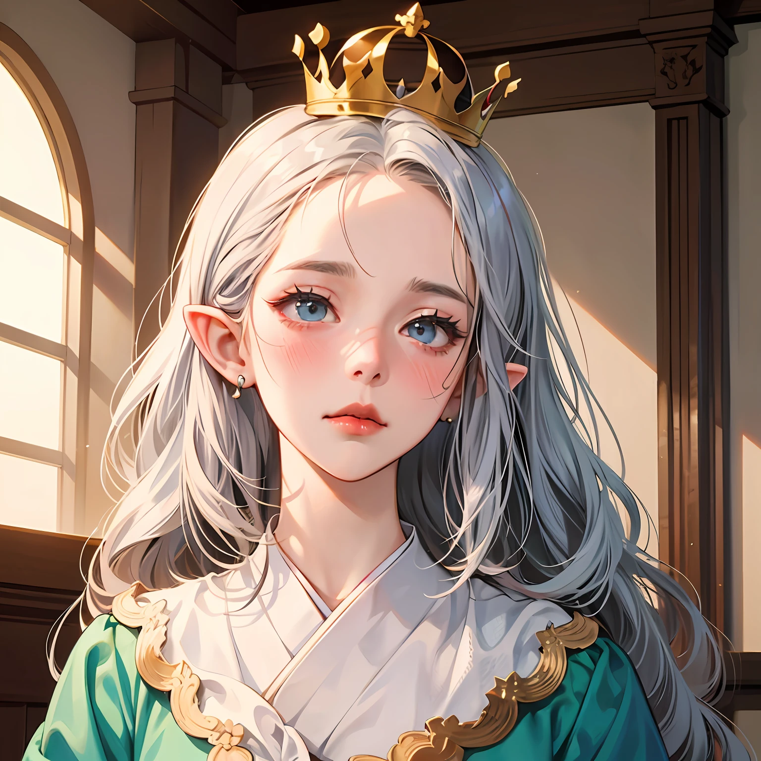 wince, pointy ears, empty eyes, long hair, sad, ear blush, silver hair, endured face, crown, red lips, nose blush, tachi-e, rococo style, anime style, cinematic lighting, Ghibli-like colours, god rays, anime, super detail, ccurate, best quality, masterpiece, award winning --auto