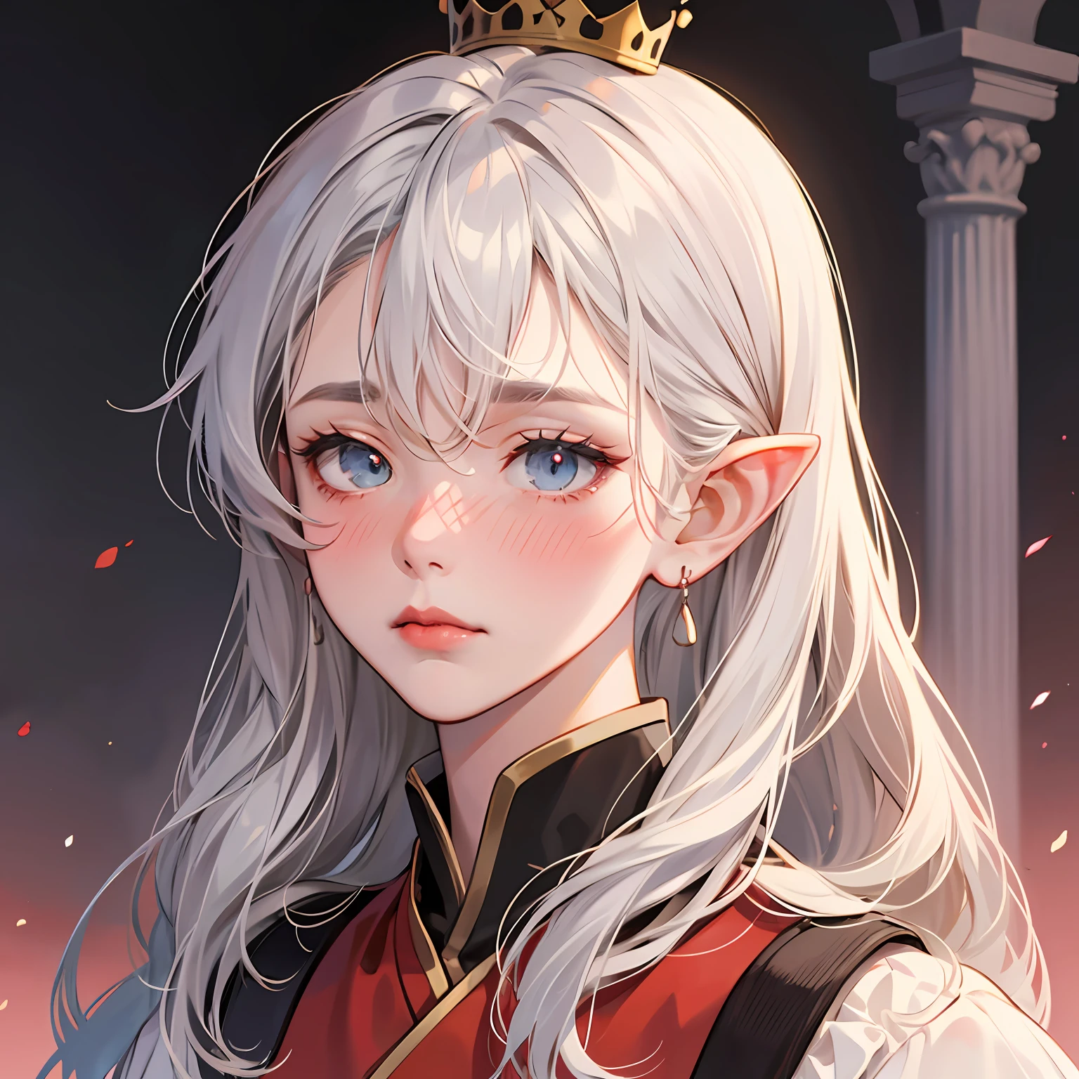 wince, pointy ears, empty eyes, long hair, sad, ear blush, silver hair, endured face, crown, red lips, nose blush, tachi-e, rococo style, anime style, cinematic lighting, Ghibli-like colours, god rays, anime, super detail, ccurate, best quality, masterpiece, award winning --auto