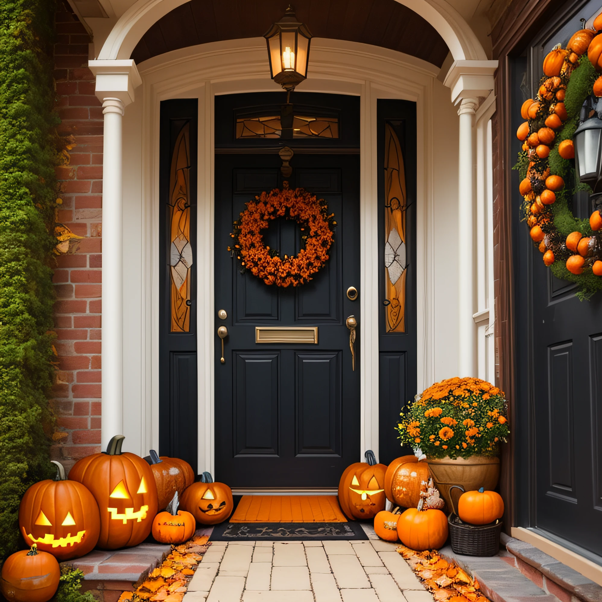 Entrance with Halloween decorations,Nordic House doorstep,pumpkins,arachne,Bat decoration,photorealestic,Photographic pictures,Vivid details,doorways,Top-down view,Lots of pumpkin decoration at the door,Halloween decoration,Doorway ground,doormat --auto
