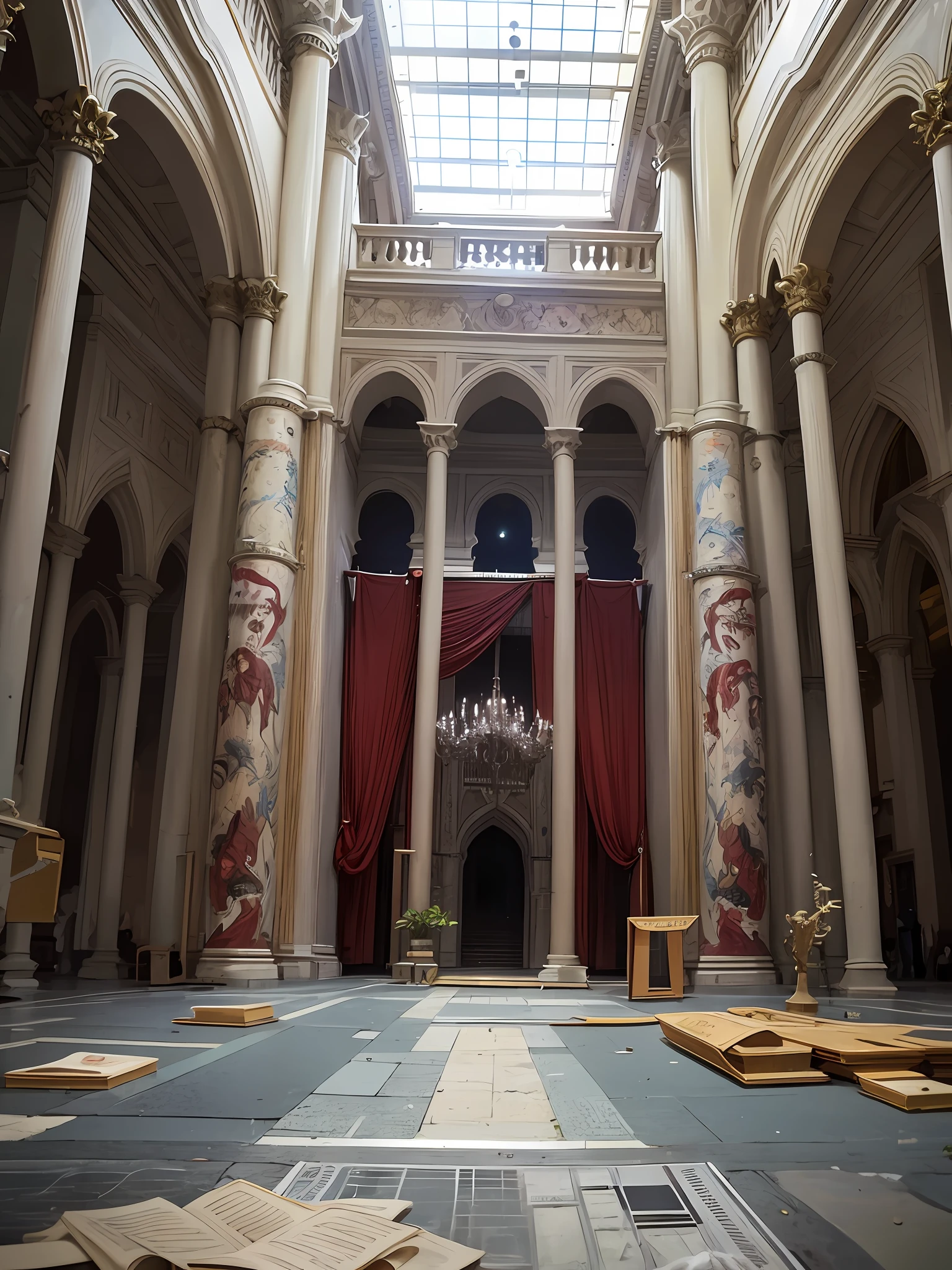 Twisted red flesh and blood with ceramics form the interior of the palace，Organs and bones float on the walls，Humans are half-rotten and embedded in the ground