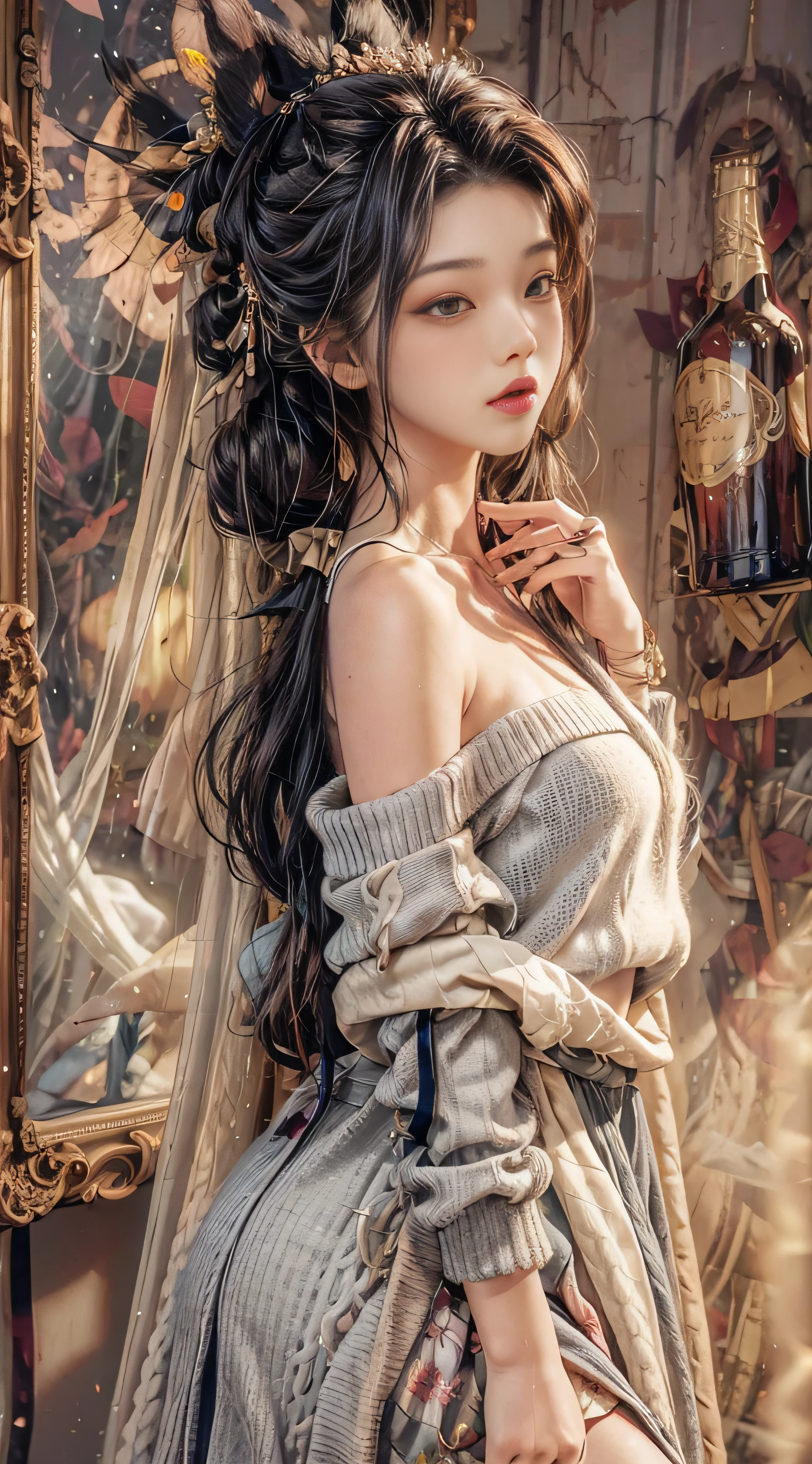 Gray sweater，Extra-long hair，Exposed shoulder，