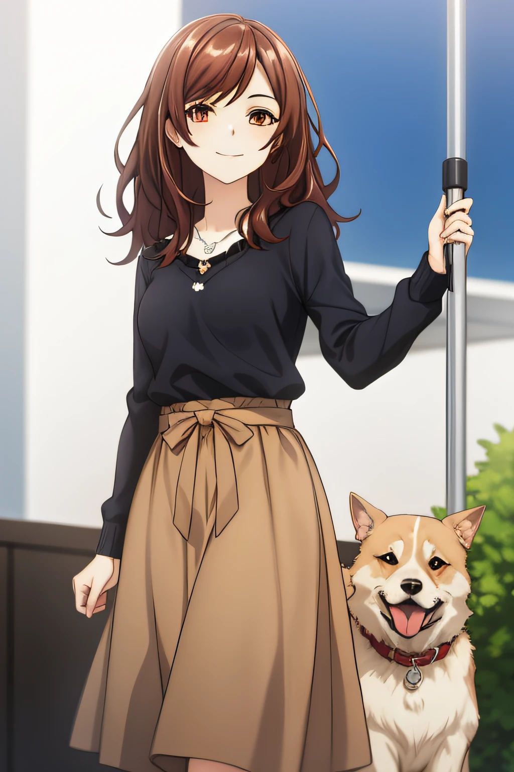 best quality, ((masterpiece)), highly detailed, park, dog,
1girl, Midou Miu,
looking at the viewer, smile, closed mouth,
brown eyes, brown hair, long hair, shiny hair, necklace, black sweater, brown skirt, long skirt