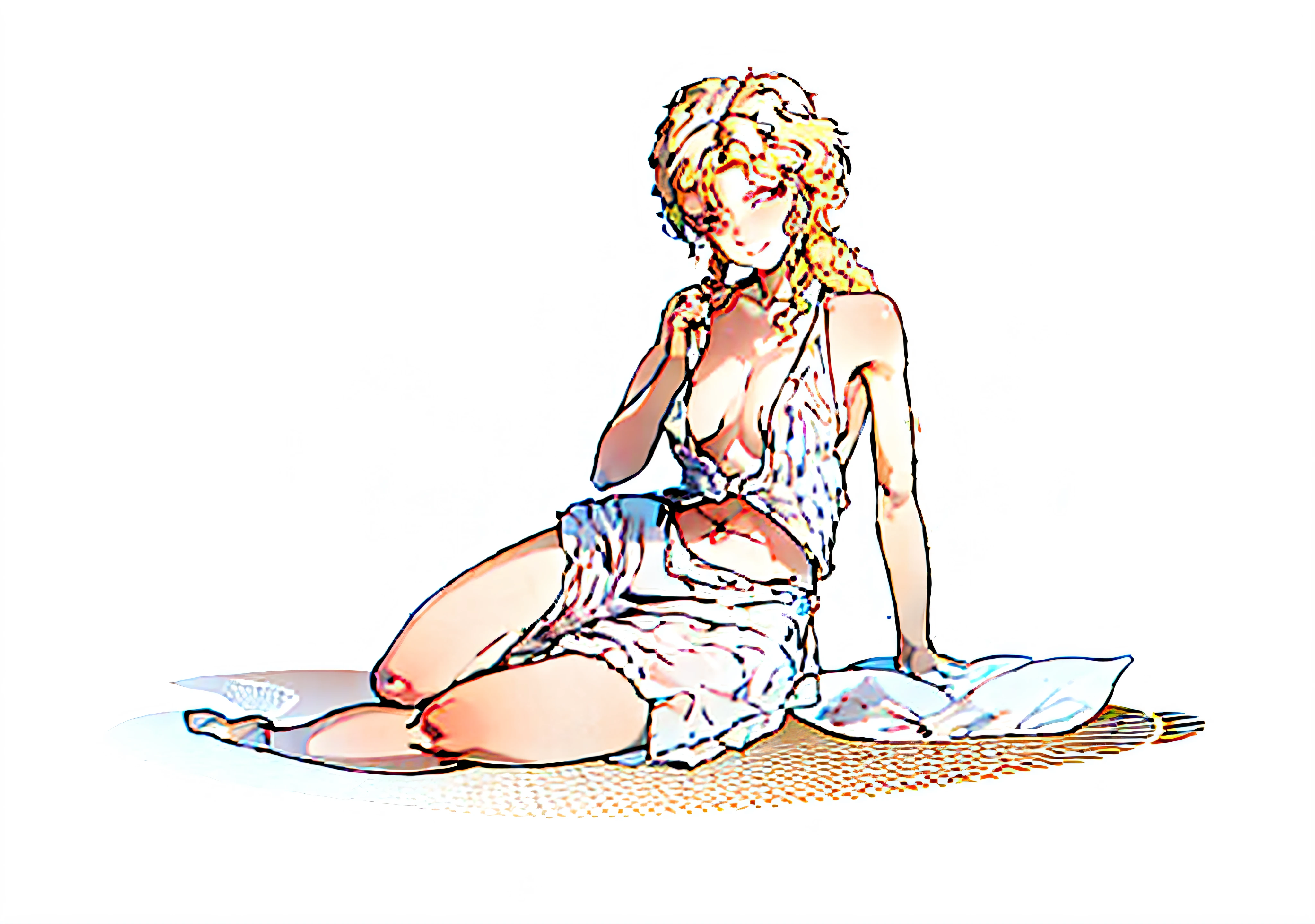 a drawing,A woman sits on the ground,Legs crossed, Sexy pudica pose gesture, perfect lineart, Simple lines of art, clean lineart, bold lineart, Line sketch, seductive reclining pose, thin line art, thoughtful pose, Sit Pose, seductive seated pose, relaxed poses, thick lineart, thinking pose, Line art!! coiffed blonde hair,Blonde curls,Indigo eyes,Pull up the shoulder straps of your garment with your right hand,Loose-fit Roman skirt,Through the skirt, You can see the looming skin,Beautiful smile,tempting pose,Fleshy thighs,crisp breasts,Translucent Roman dress,Golden eyelashes,White Roman gauze dress