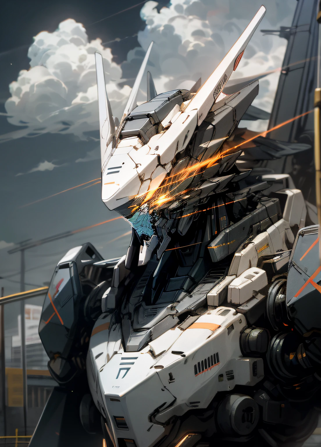 Skysky,clouds,holding_weapon,no_humans,with light glowing,,Hexagonal grid,buliding,glowing_eyes,mecha,scientific fiction,城市,Realistis,mecha