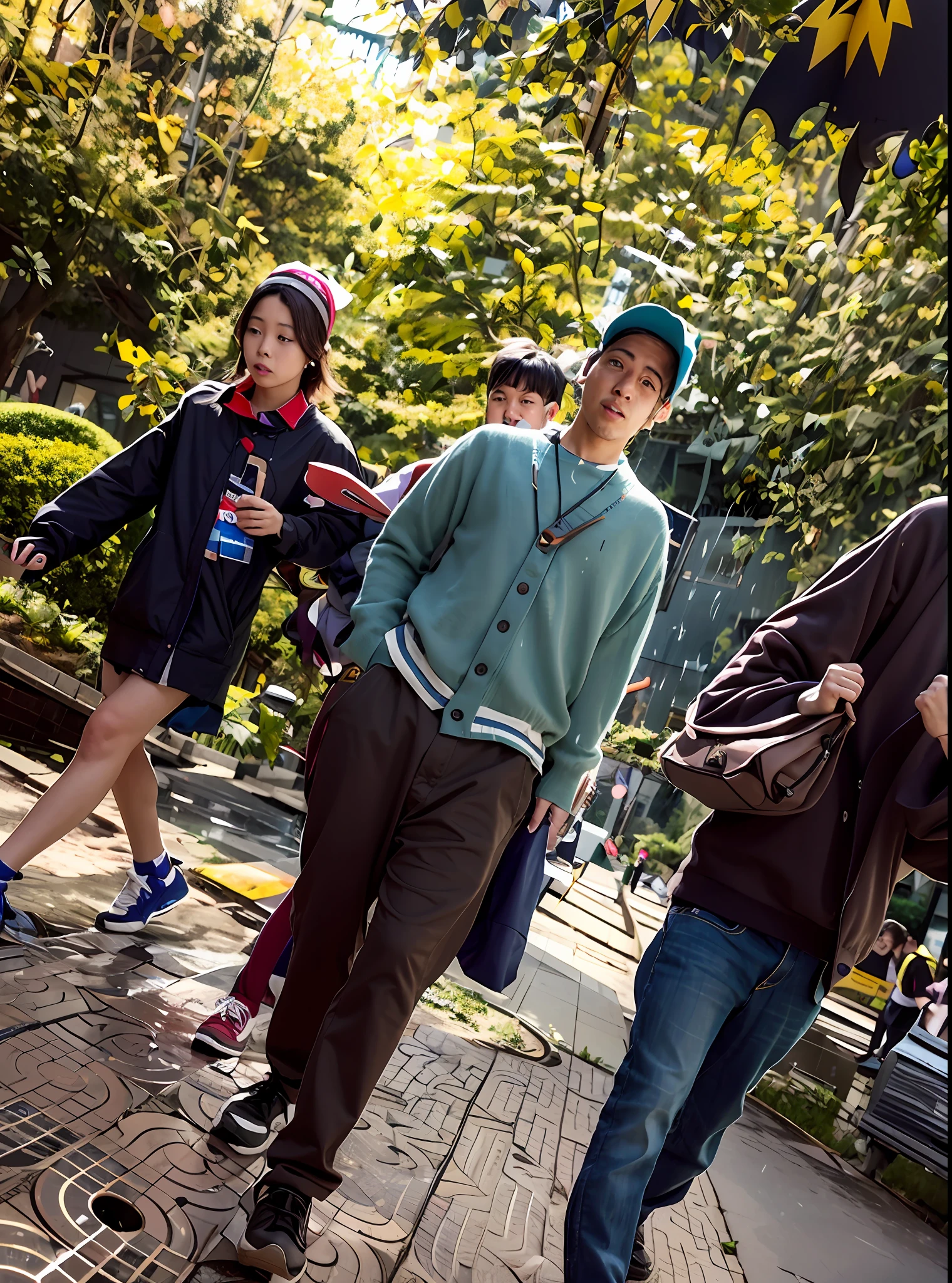 Three people were walking in the rain, Student, High school, in city street, Li Zixin, College, college aged, slight overcast weather, candid shot, high quality upload,