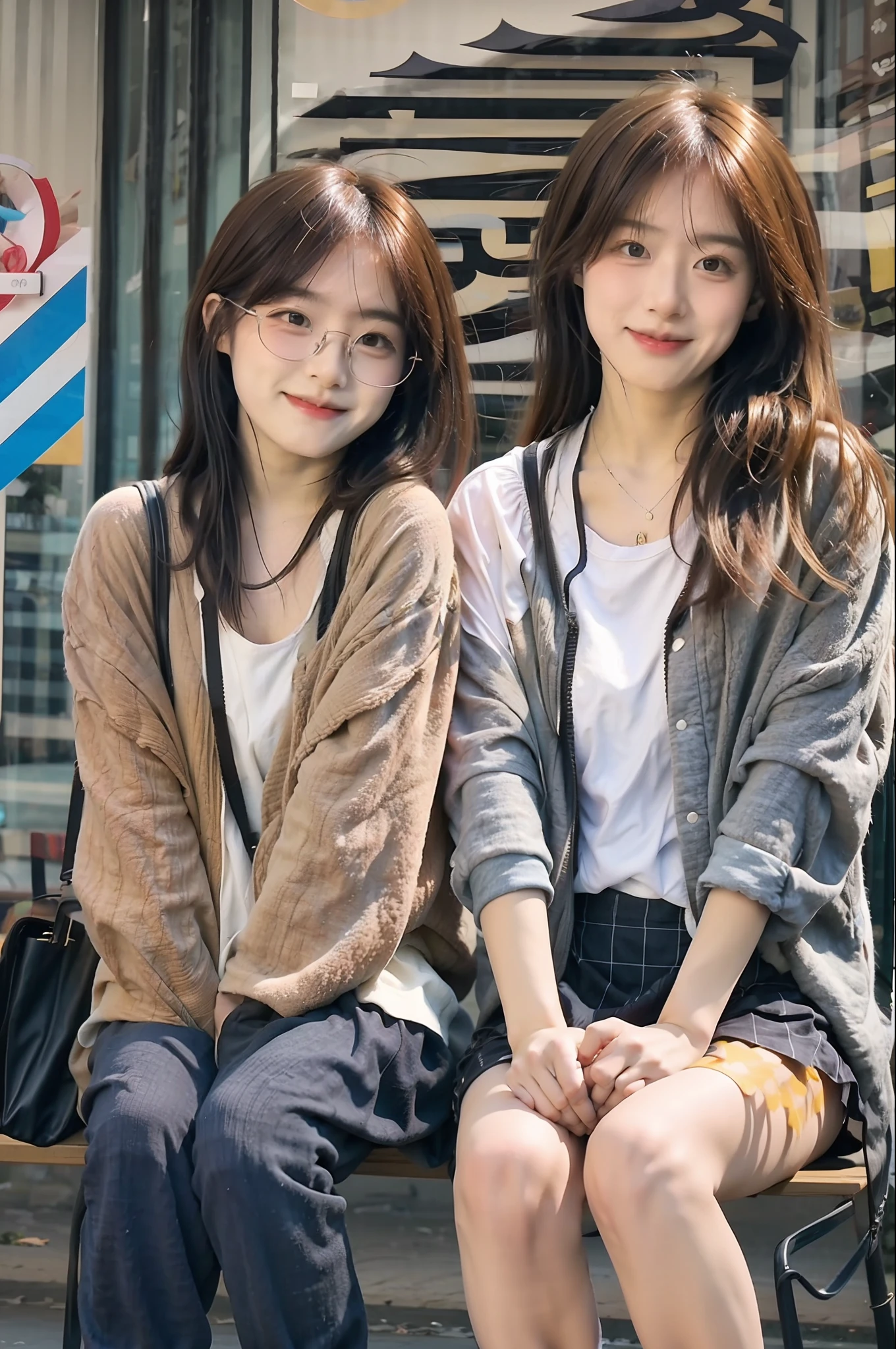 female high-school student，first love，long whitr hair，brunette color hair，black-frame glasses，ssmile，standing on your feet，white  shirt，Suits，a black pleated skirt，White knee-length socks，Thin leg，a narrow waist，A cup，realskin（Fidelity1.3）（Fidelity1.3）（Fidelity1.3）   ， tmasterpiece，high qulity，best qualtiy，8K，      messy  hair，Hair fluttering in the wind，rays of sunshine，softlighting，Cinematic fill light，ultra - detailed，ultra - detailed，best qualtiy，超高分辨率，profesional lighting，photon maping，Radio City，physically-based renderingt，cinmatic lighting