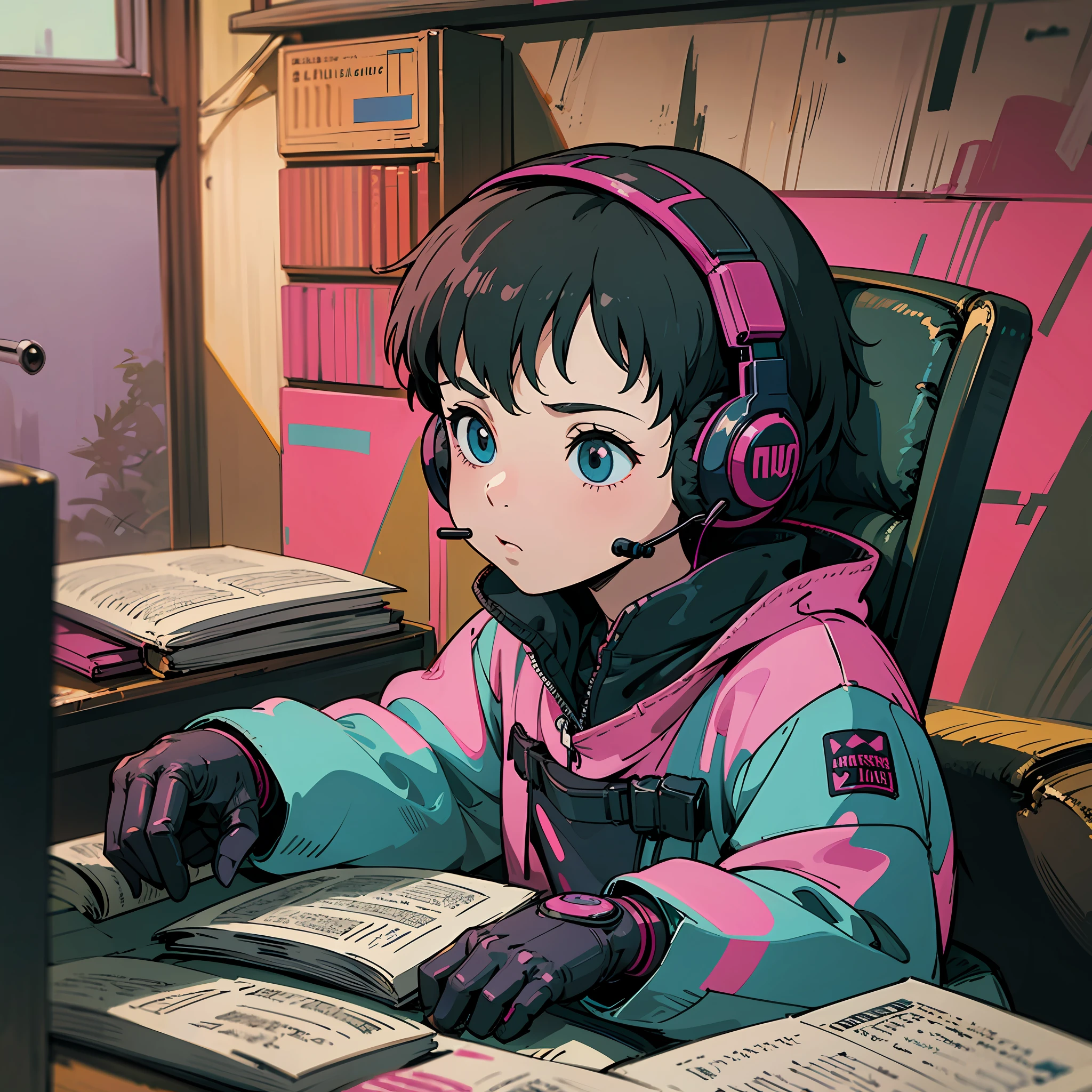 a child with a headset, lendo um livro em um quarto, Cyberpunk, Arte Lofi,