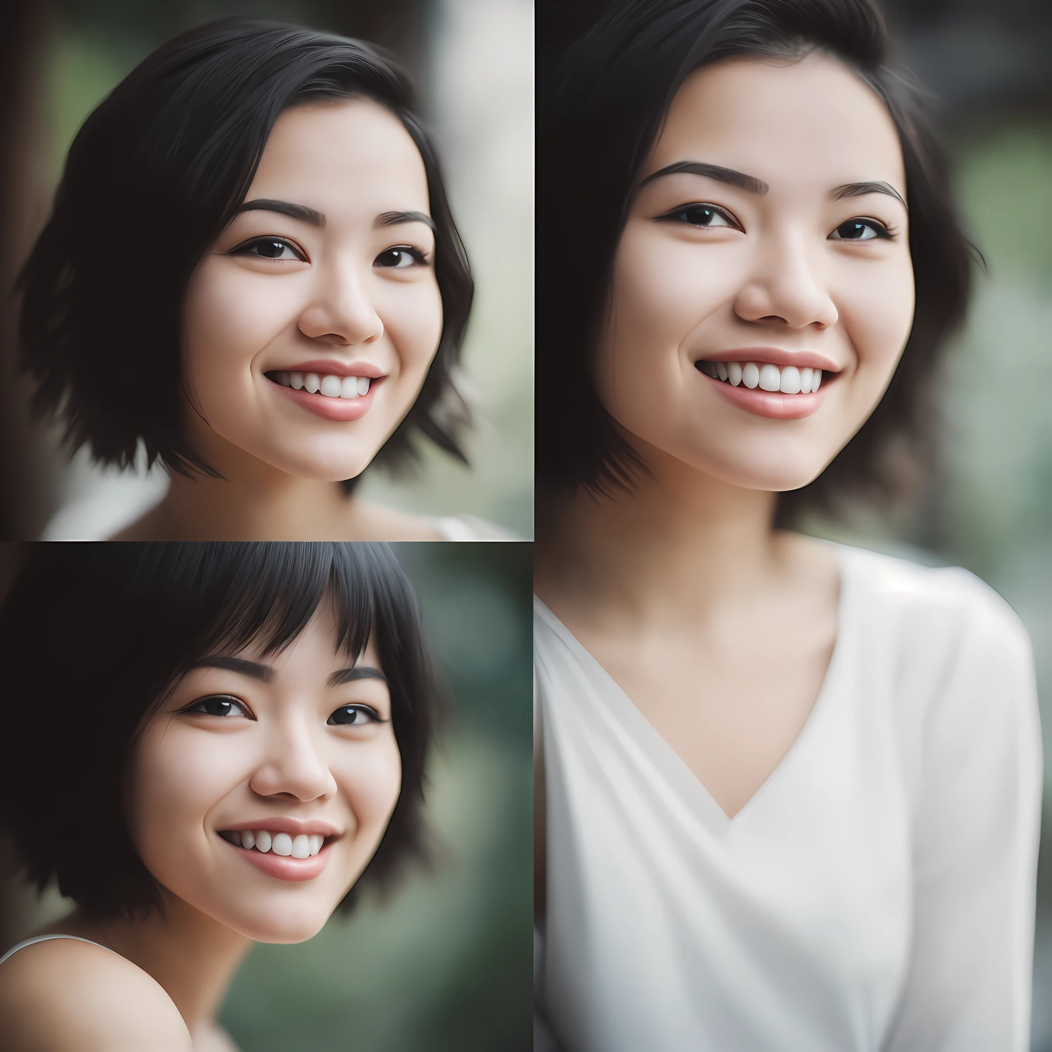 RAW photo, a beautiful trendy young woman with short hair, smiling, close up shot (high detailed skin:1.2), 8k uhd, dslr, soft lighting, high quality