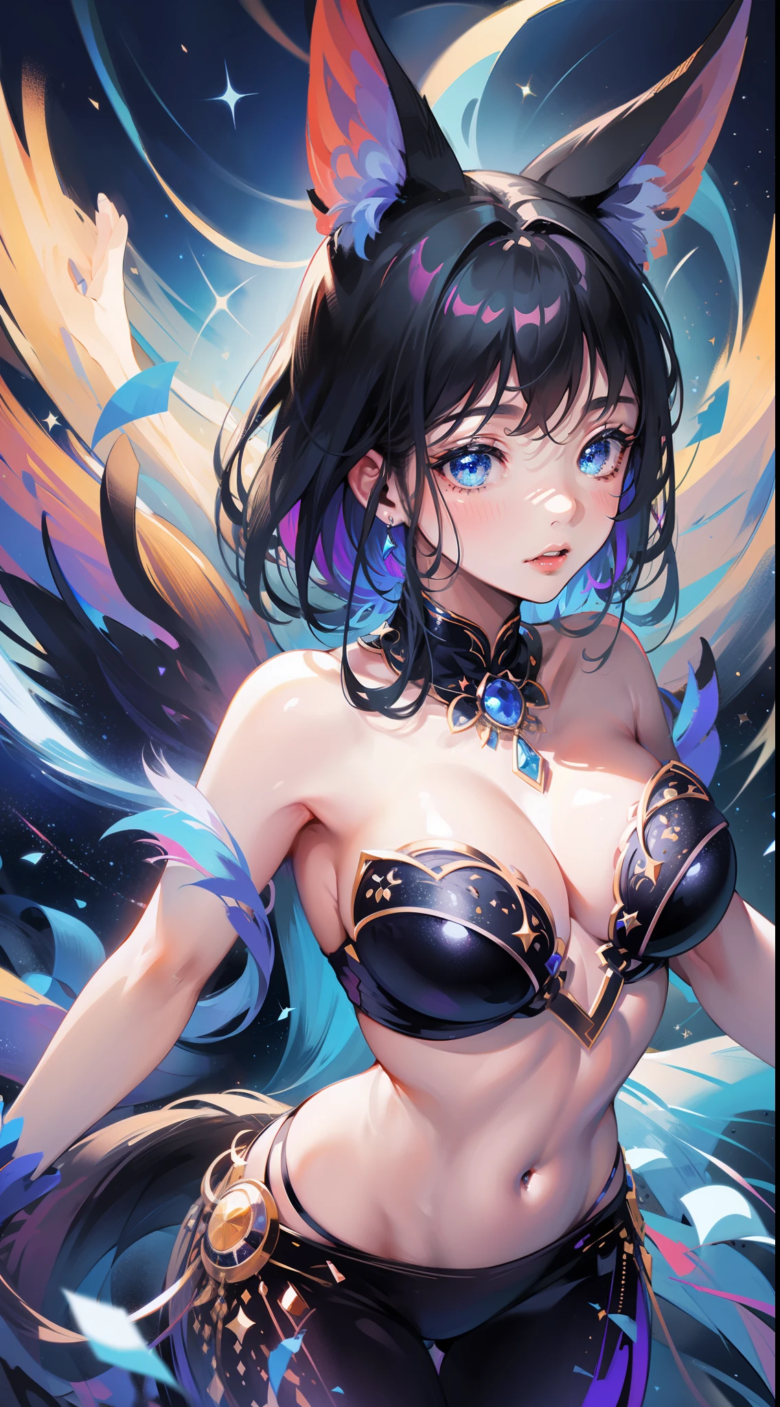 (masterpiece), best quality, high resolution, ultra-detailed, an extremely delicate and beautiful, floating, dynamic pose, (1girl), blue eyes, black hair, super fluffy tail, starry background, vibrant colors.
