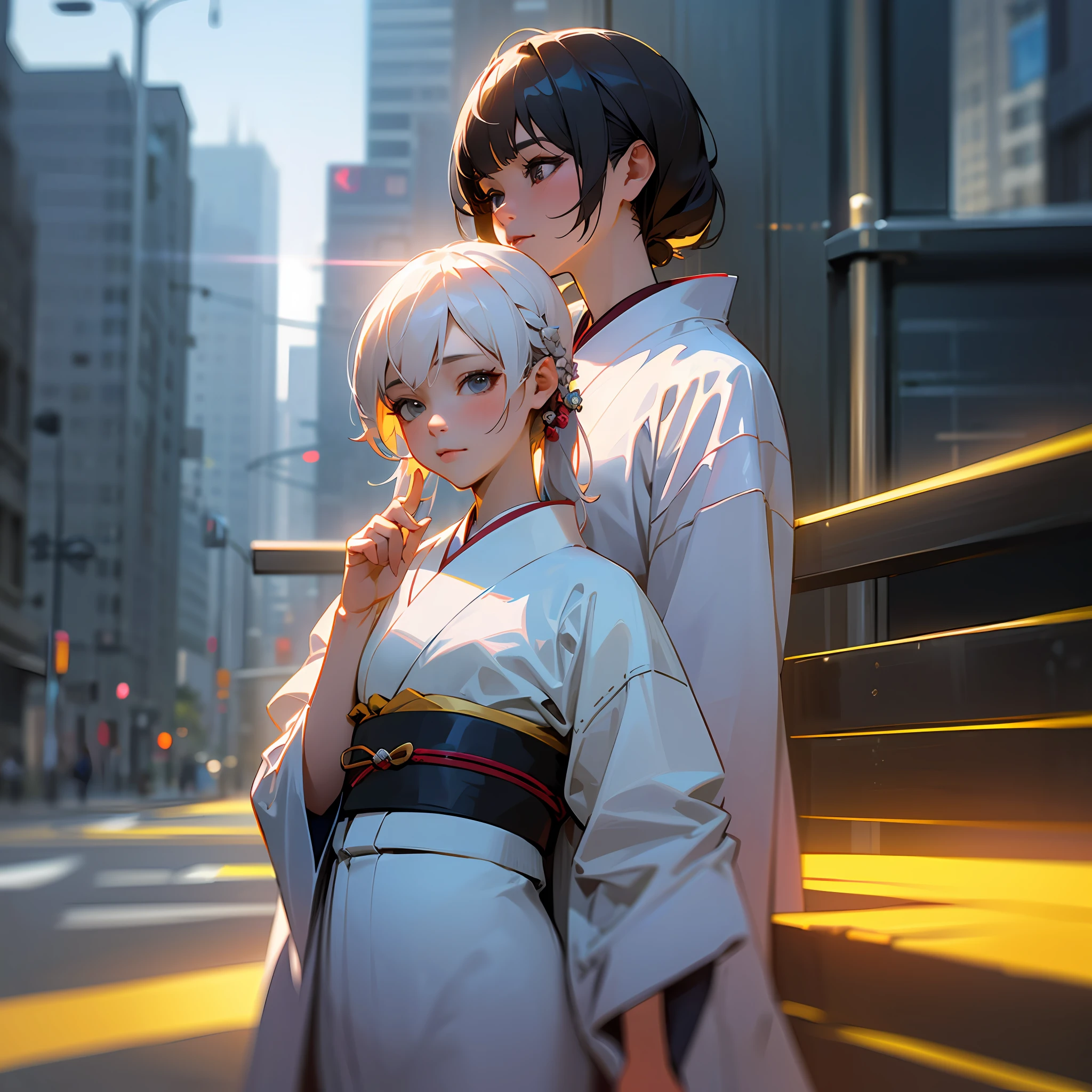 ((Realistic lighting, best qualtiy, 8k, tmasterpiece:1.3)), sharp fokus:1.2, 1girl, Beautiful Women with Perfect Figure:1.4,  ((Black straight long)), (Kimono with white:2.4）,（exteriors，In the daytime：1.1），the city street，Ultra-fine face，Fine eyes，二重まぶた， --auto