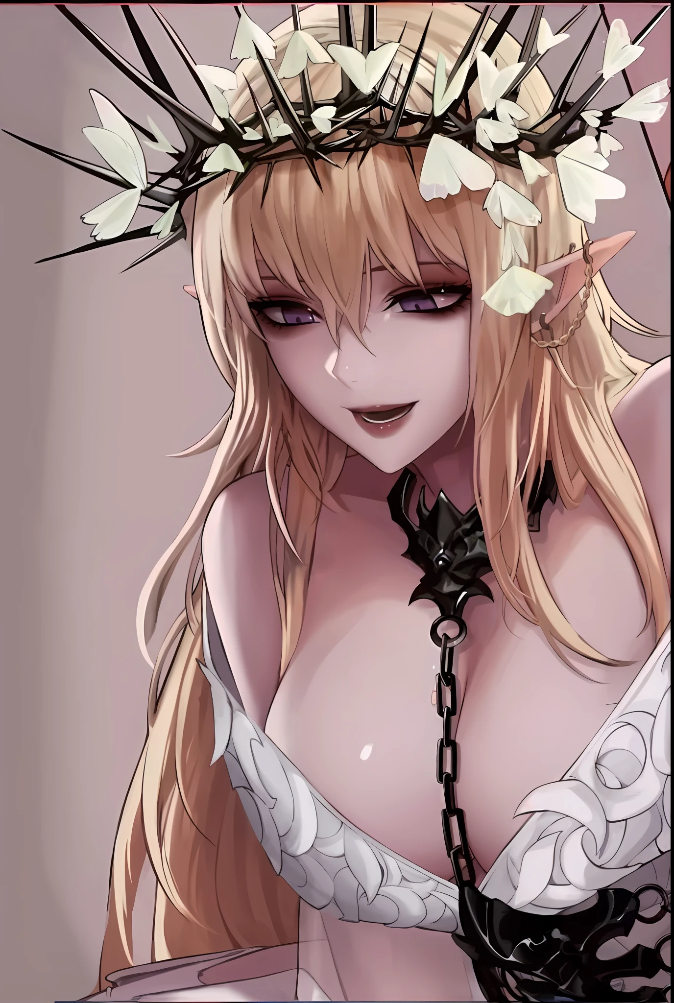 Anime girl with a flower crown on her head, Anime goddess, An elf queen, seductive anime girls, huge tit