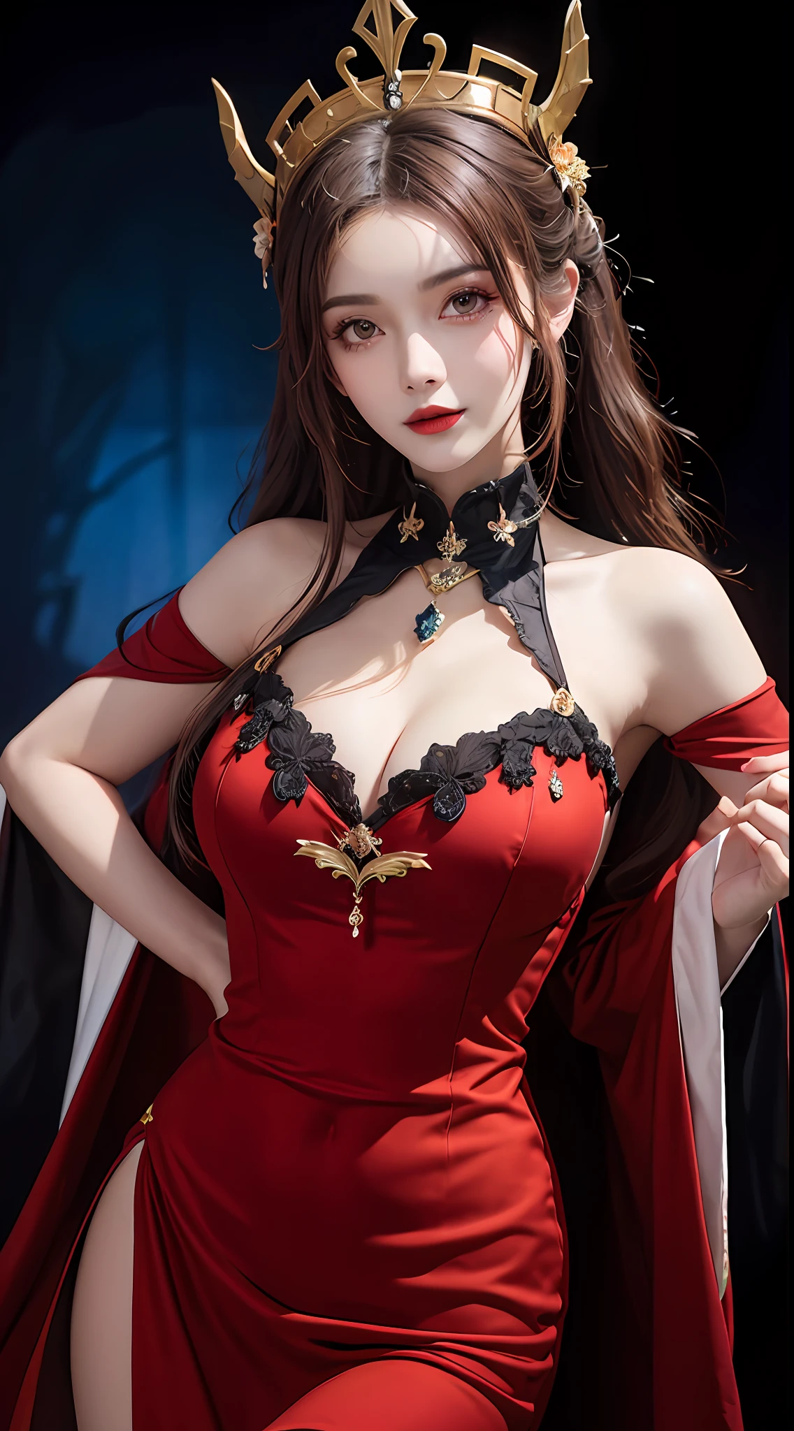 1 beautiful devil woman from hell, in the darkness nigth: 1.6), surreal female portrait by David Hockney and Alphonse Mucha, Fantasyart, korean-doll, photorealisti, 动态照明, artstation, poster for, Volumetriclighting, very highly detailed face, 8k ultra, Award-Awarded, in the darkness nigth, deep shading, low tune, cowboy lens, (Red phoenix dress: 1.4), long whitr hair, brunette color hair, large bust,low chest,cleavage, luxurious palace, Royal style,devil crown,red eyes make up very sharp and detailed, The most beautiful face,Large, regular breasts, Ultra photo realsisim,chinese women's clothing,polo neck sweater, attractive smile, The eye makeup is good,Guviz,devil style,drak,wearing black mesh socks,2 bangs, braided hair,Redlip,Devil tattoo on shoulder,wearing a thin red and black robe, The scenery is gloomy and thunderous,(sportrait),Close-up of main character,(Background detail 1.8)2 Extend your arms to the sides,