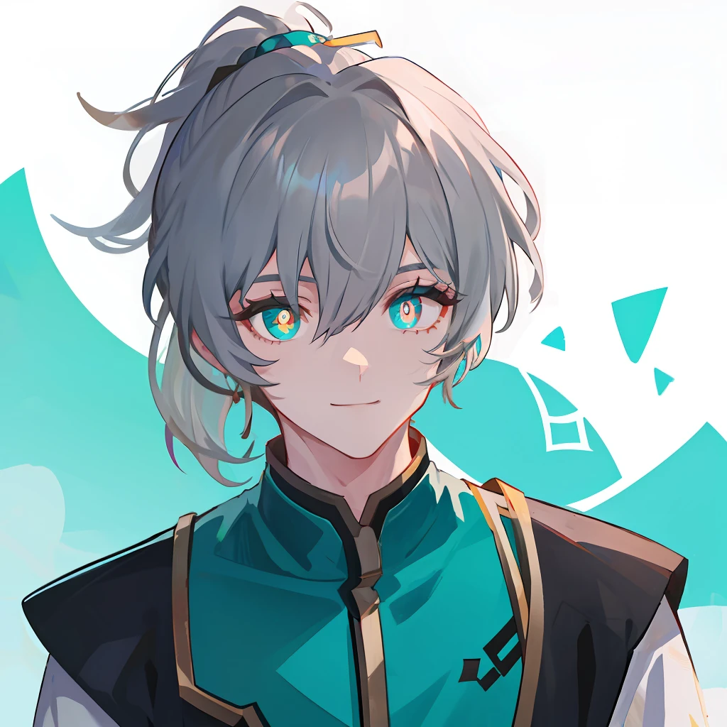 younge boy，Gray hair，Ponytail，Turquoise pupils，A half body，ssmile。