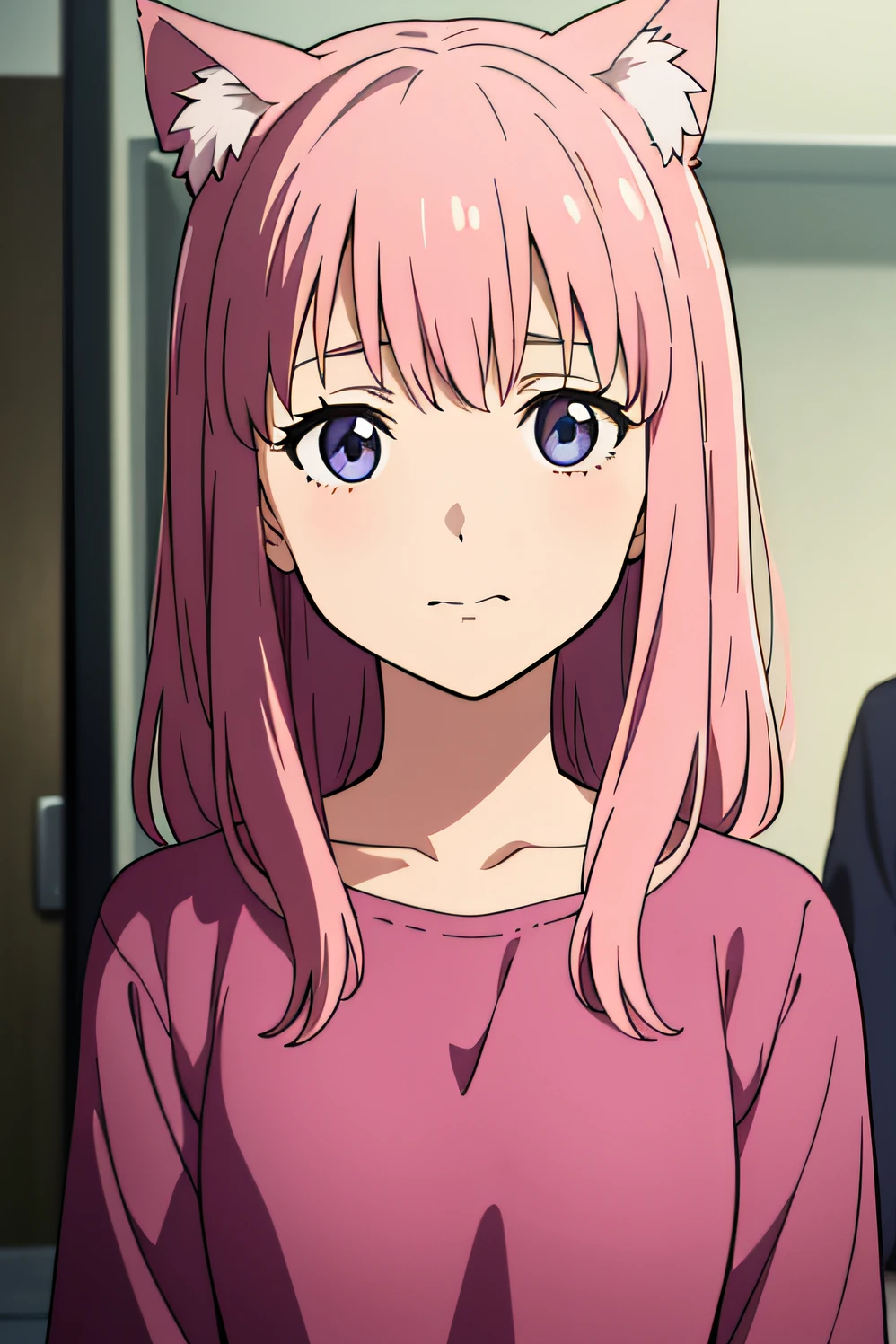 Masterpiece, Best quality, Anime screencap, koe no katachi, (1girll),Beautiful detailed eyes, view the viewer, Upper body, Pink hair, Shy, Cat ears