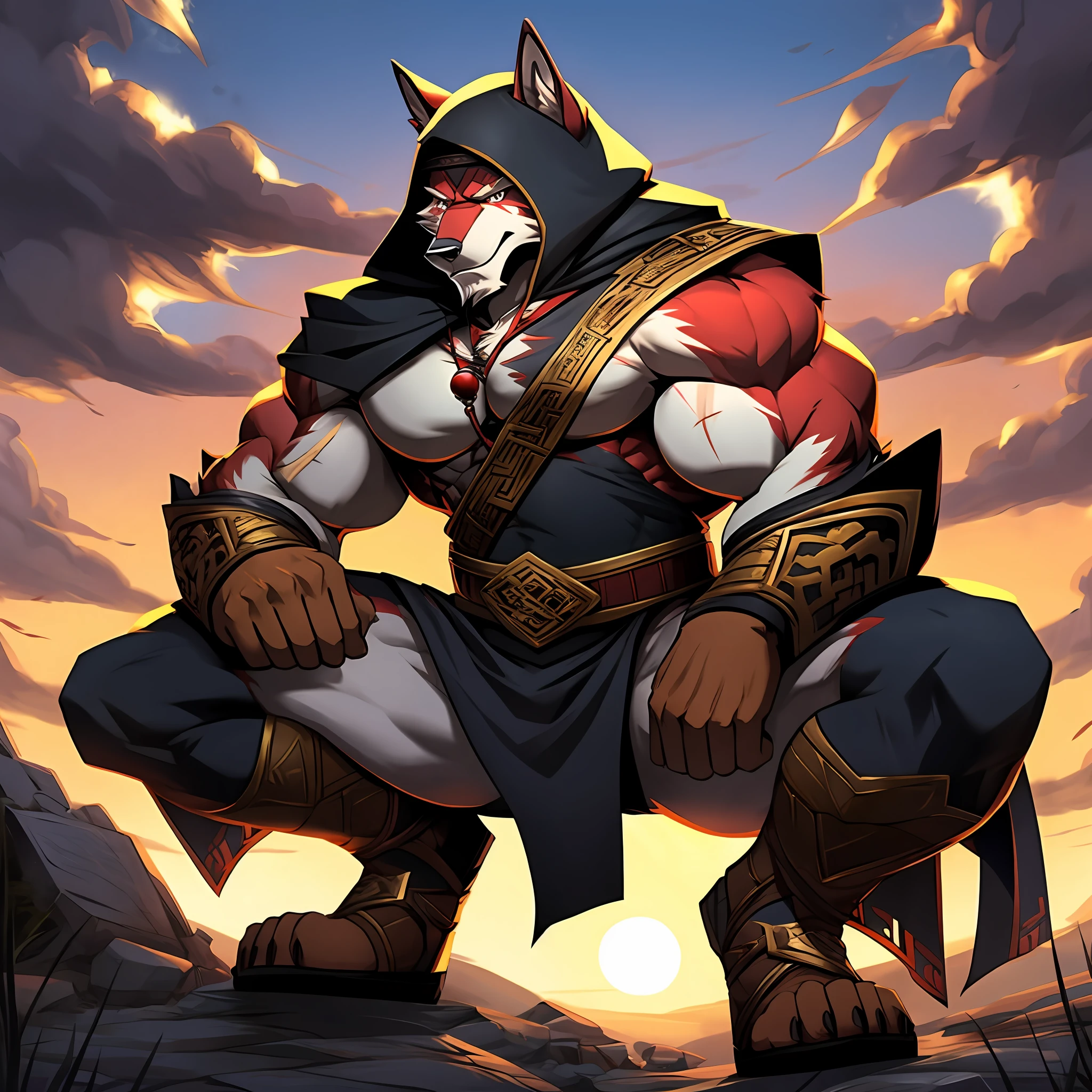 at dusk at golden hour，A crimson red werewolf with crimson fur full of muscles half-crouched on the battlefield，He had a murderous look on his face，He wore ancient Chinese general armor，He was a great general a thousand years ago，There is a visible scar on the right eye，dynamicposes，（由Null-Ghost：0.5），tmasterpiece，Hood cloth，Handsome，Strong，Muscle men