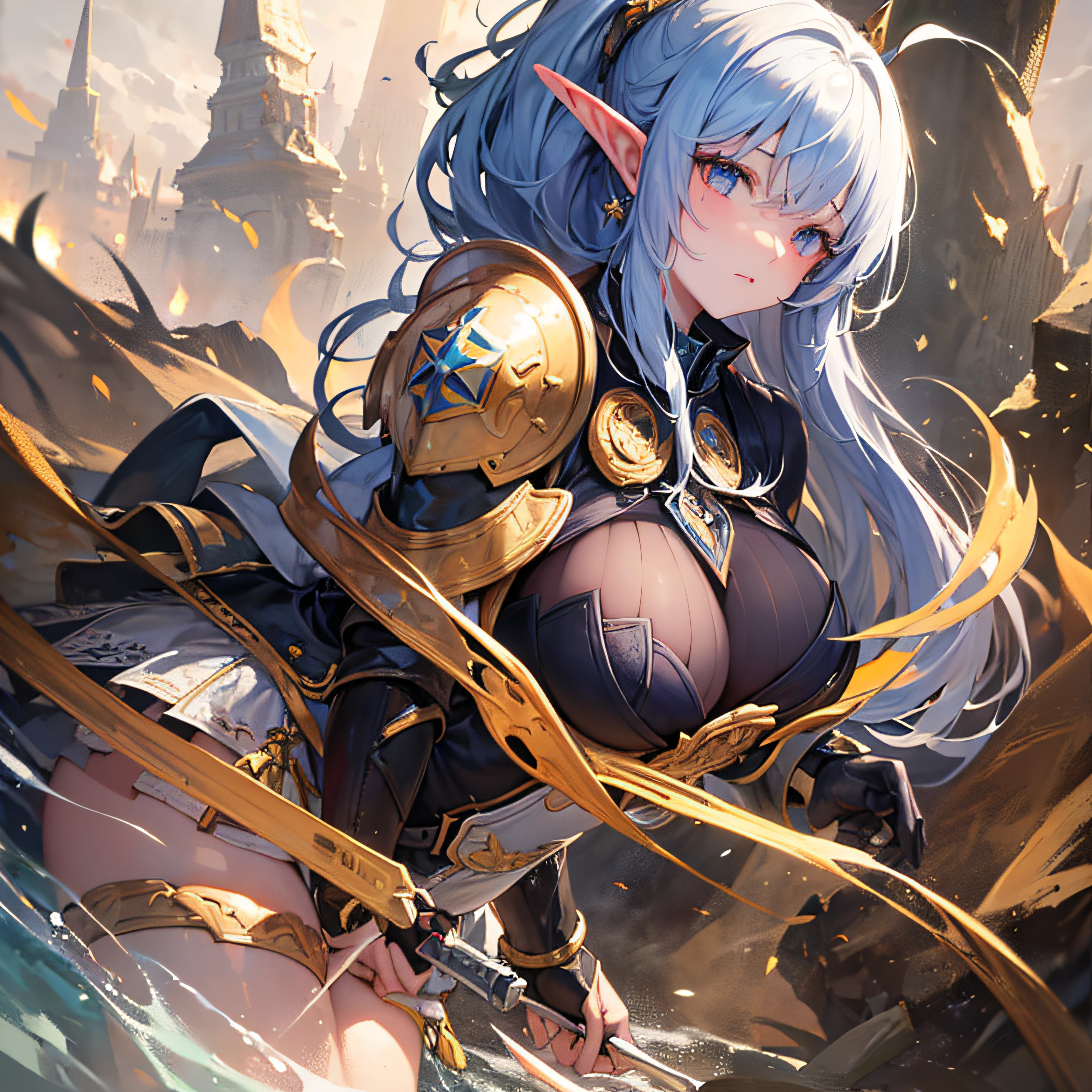 Elven female knight,Perfect slim body,Mature royal sister face,Double ponytail curls,Knight armor,Sensual and alluring,Refined looks,Full body like,4K quality,Feminine expression,is shy,Star-like deep eyes,large tities,A short skirt,Knife pulling posture。Large bust,Fight Warcraft,speed-line,Best quality at best,tmasterpiece,Magnificent background,On the battlefield,Rags