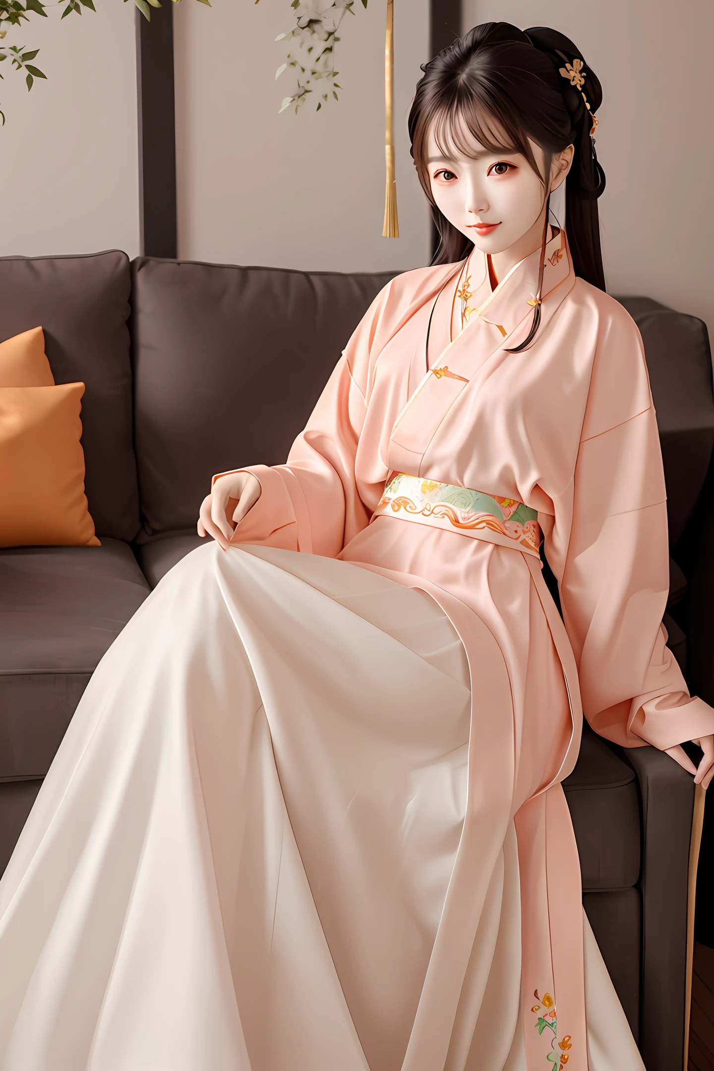 A Korean beauty，Height 1.7m，Long legs，with fair skin，Goose egg shaped face，Peach buttocks，Anterior convex and posterior，Snake waist，The appearance is very high，Sweet smiling，Wearing Chinese Hanfu，sitting in the couch，Holding Erlang's legs