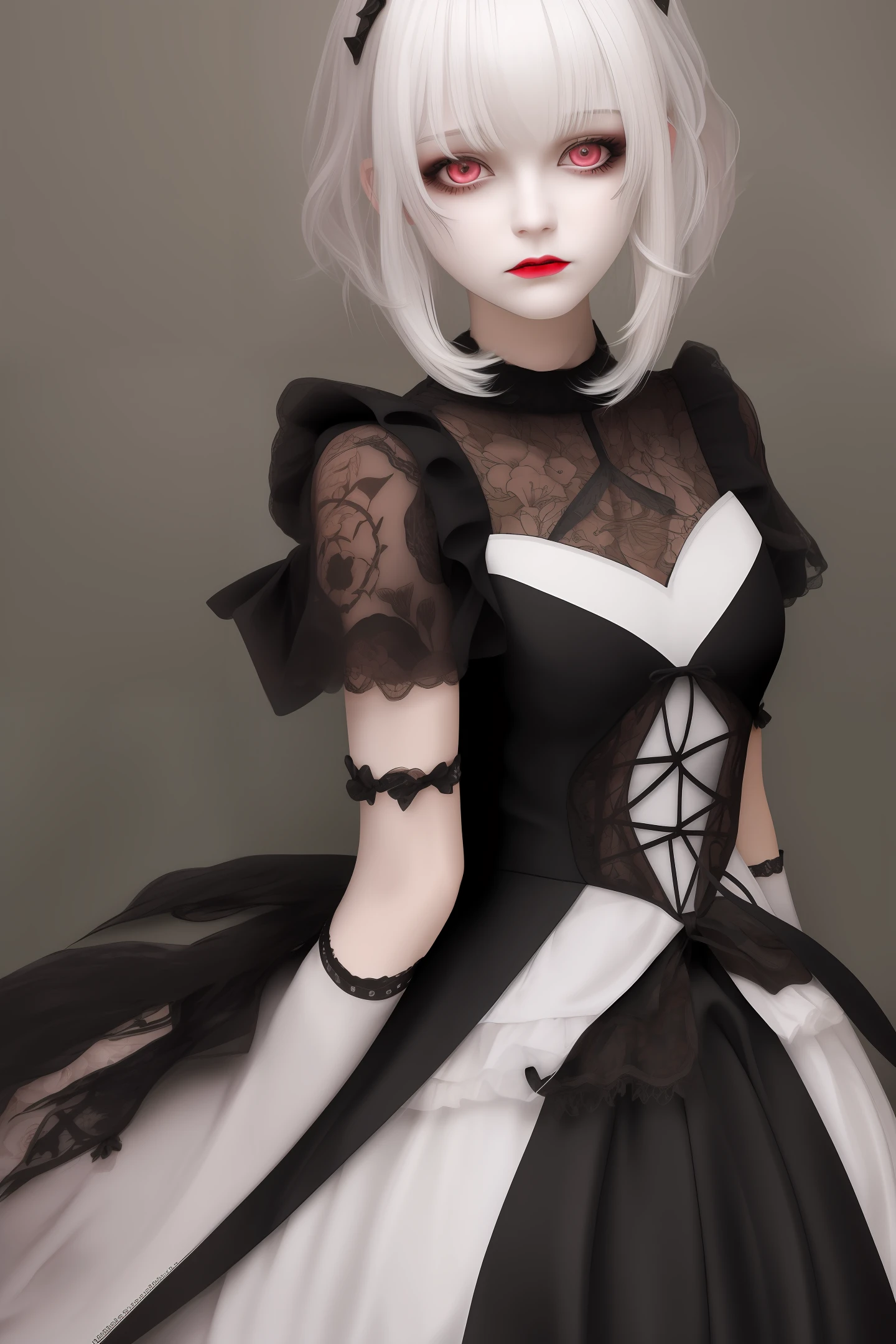 white color hair,red color eyes,teens girl,gothic clothing