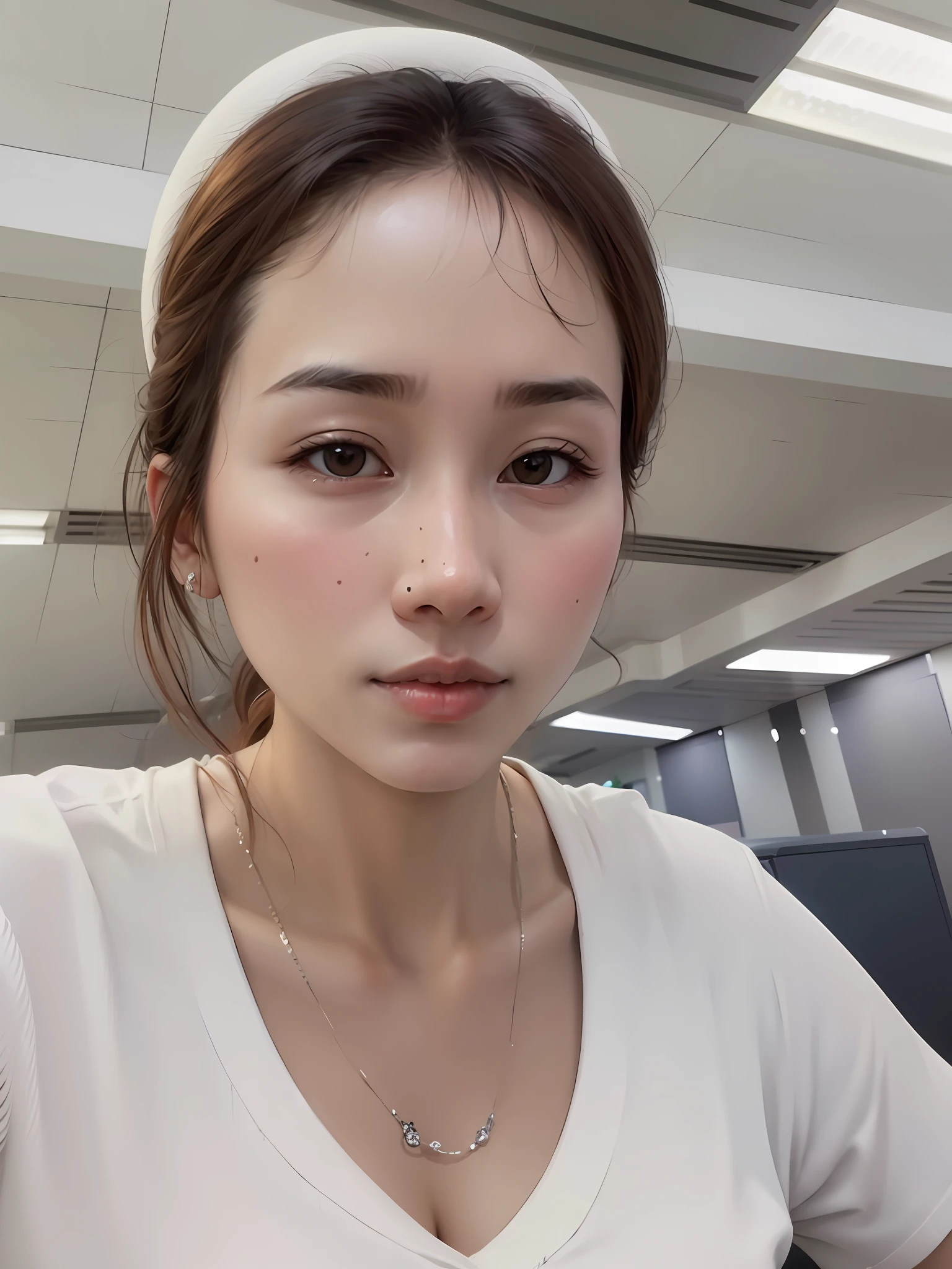 There was a woman in a white shirt and a white hat, xintong chen, round nose, with round face, 2 8 years old, 2 7 years old, 2 9 years old, wenfei ye, south east asian with round face, xision wu, 8k selfie photograph, 3 0 years old woman, 30 year-old woman, 2 2 years old
