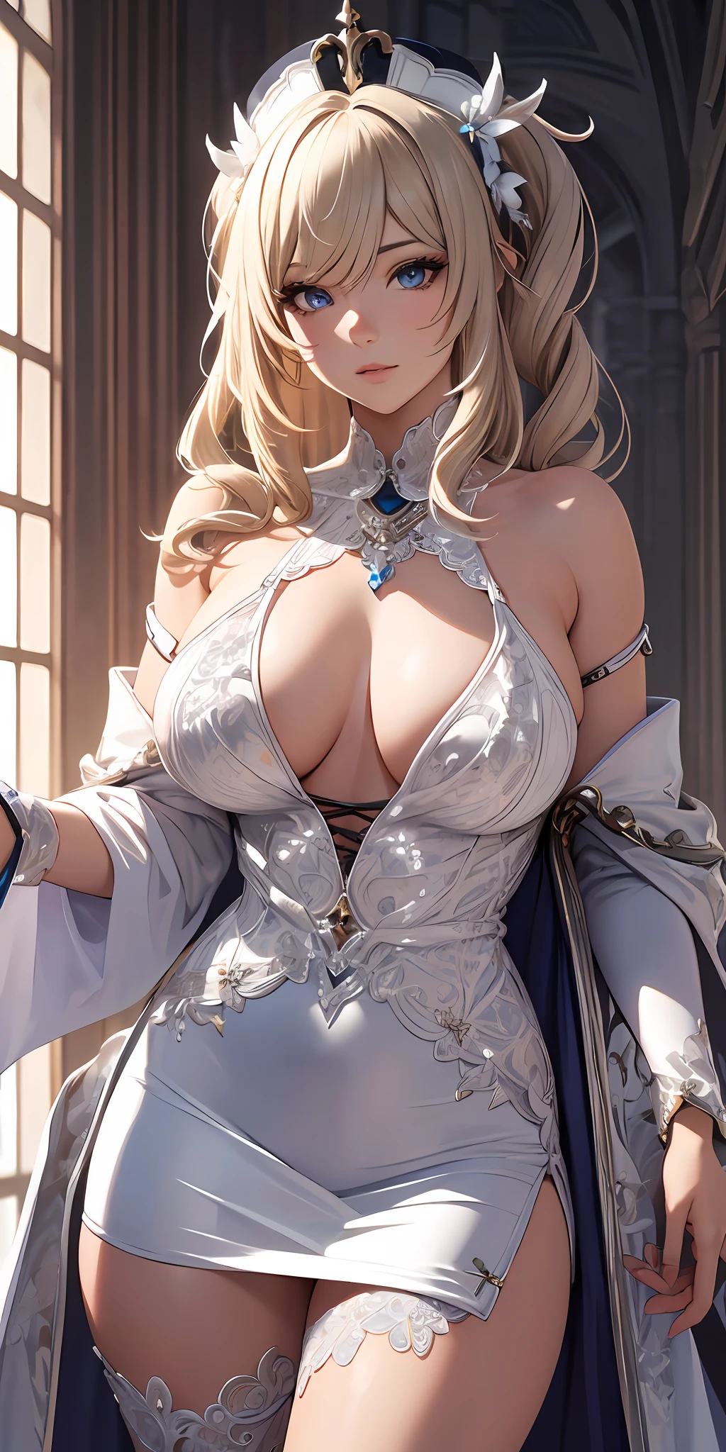 ((Best quality)), ((masterpiece)), ((detailed)), (realistic), intricate, 16K, HDR, RTX, super sexy girl, sexy white-silver ((sequin party dress)), beautiful blonde hair.