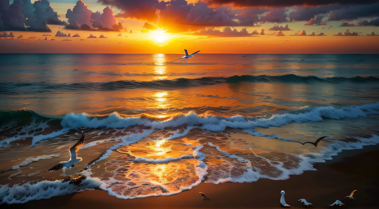 Oranges, pinks and yellows blend together to fill the sky, and the sunset over the beach is truly mesmerizing. The crystal clear waters gently kiss the coast, and the white sand beach stretches out endlessly. It's a dynamic and breathtaking scene with seagulls soaring high into the sky and palm trees gently swaying. Take in the calm atmosphere and peace will wash you away.